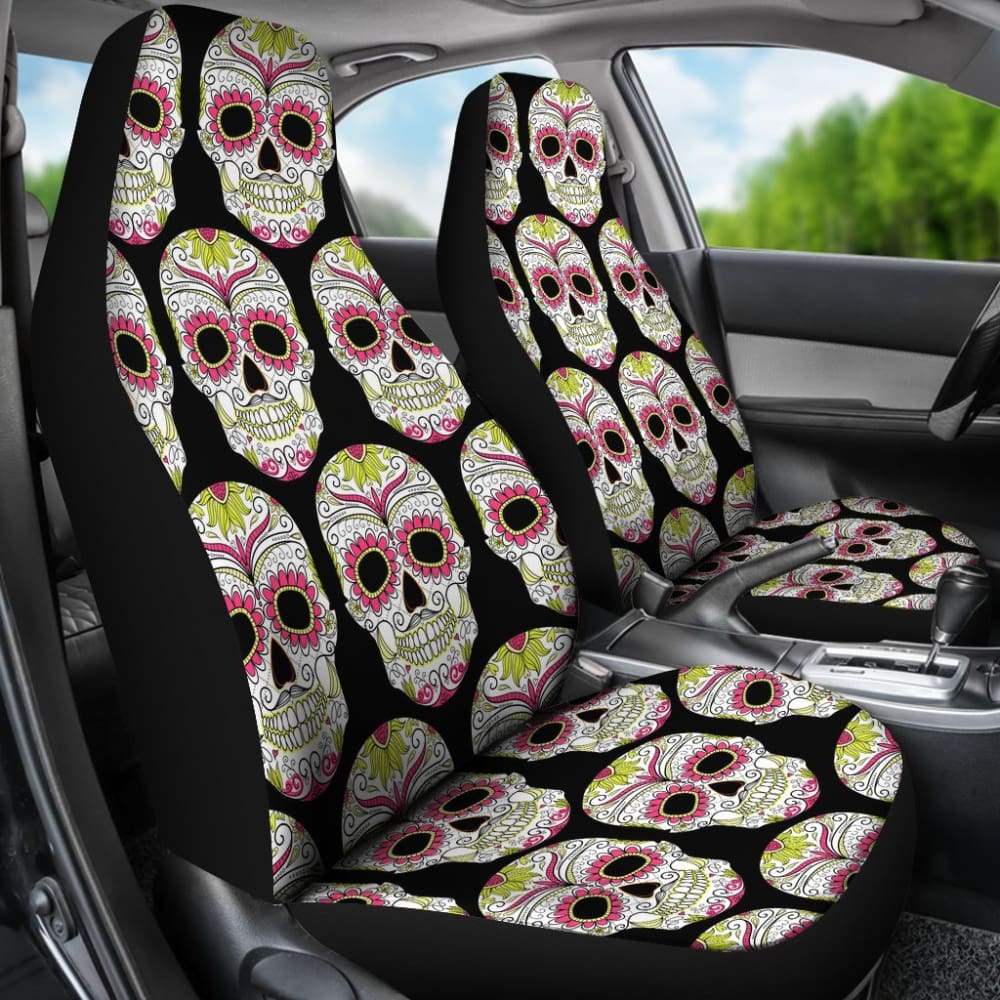 2 Pcs Sugar Skull Car Seat Covers - Day of The Dead Themed Seat Protectors for Cars, Trucks & SUVs | Perfect for Halloween, Dia de Los Muertos Celebrations & Unique Car Decor