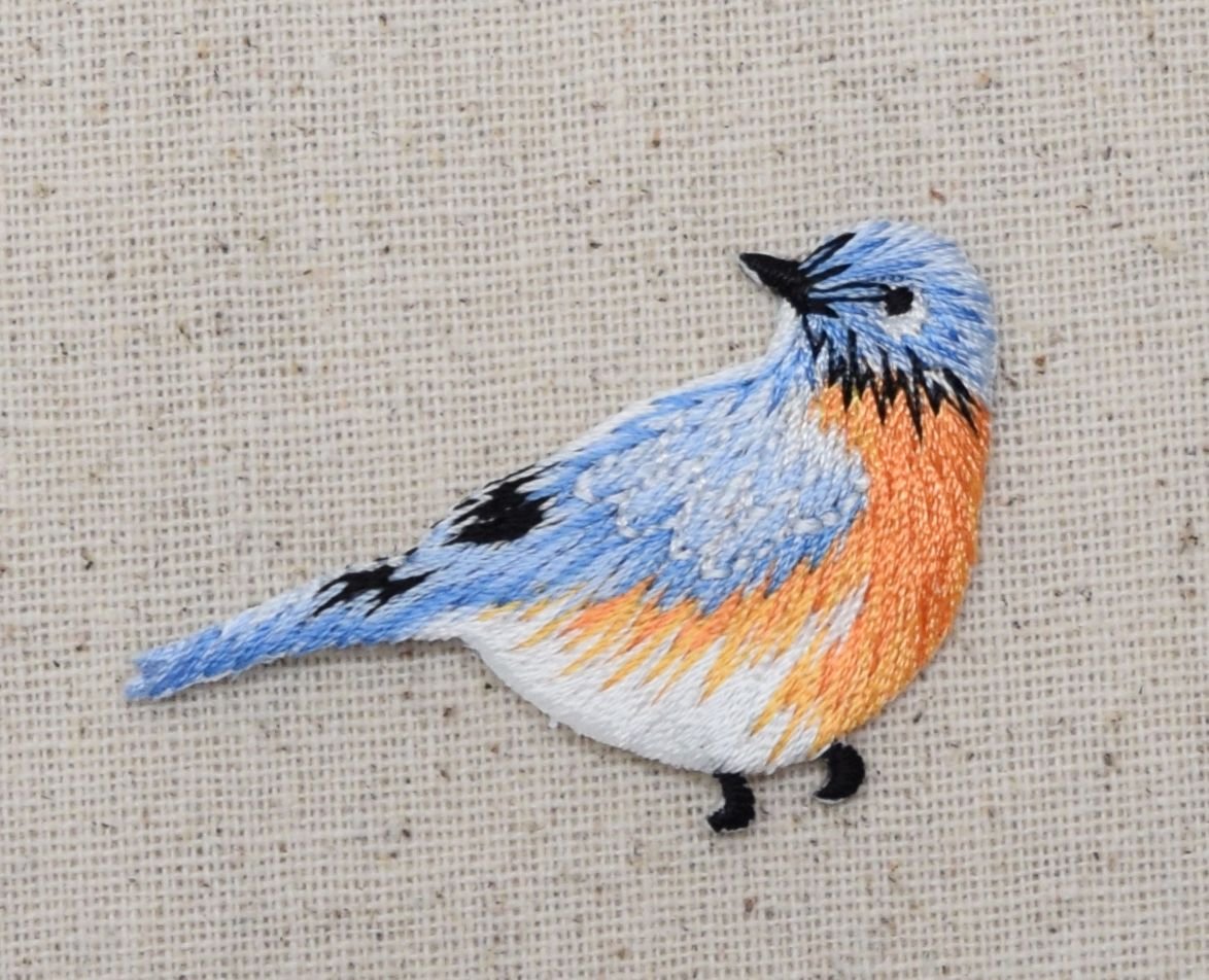 Bluebird Orange Breast Facing Right Embroidered Iron On Patch - DIY Sewing Applique for Jackets, Hats, Bags & Crafts