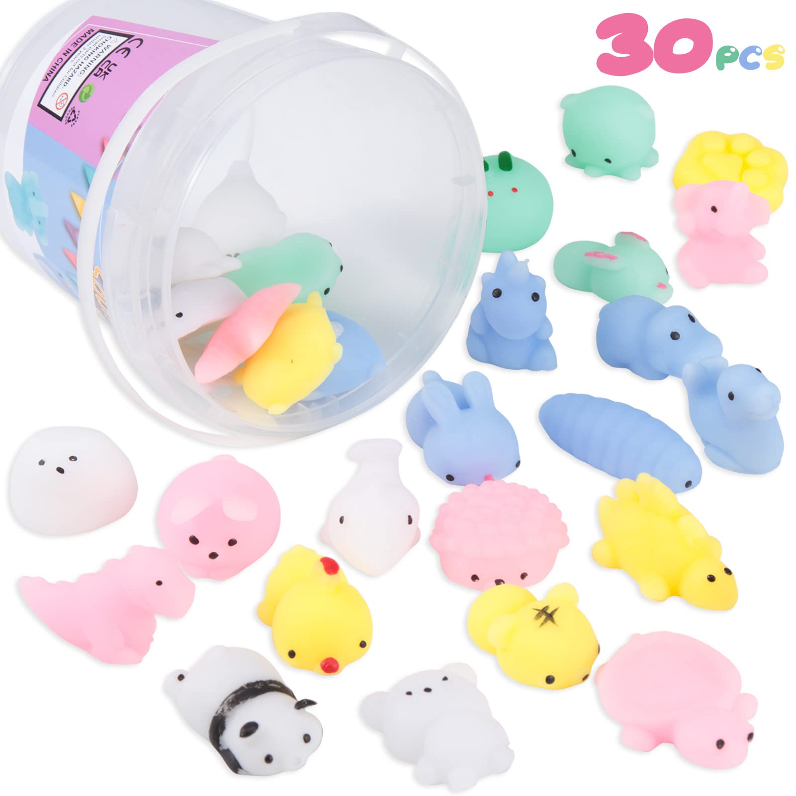 30 Pcs Squishy Stress Relief Toys with Storage Box - Soft Mochi Squishies for Anxiety & Fidgeting - Fun Party Favors, Classroom Rewards & Goodie Bag Fillers for Kids (Boys & Girls) - Perfect for Sensory Play, Stress Relief & Birthday Party Gifts