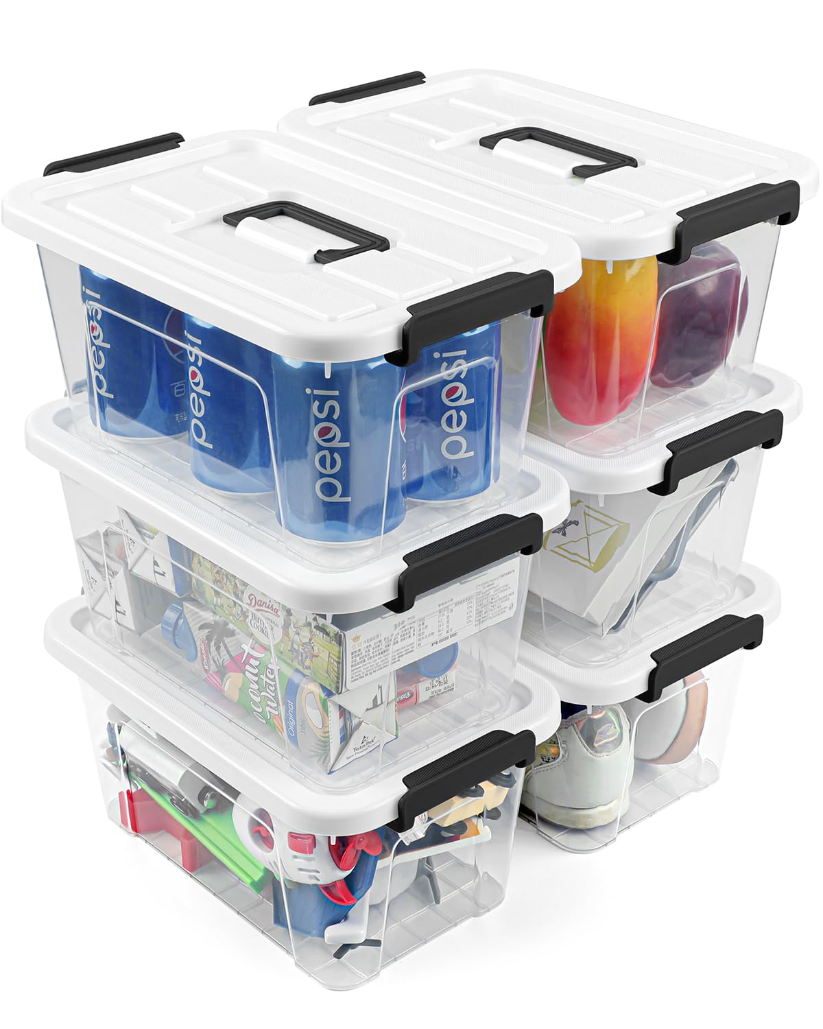 NUMIFUN 6-Pack 7 Quart Plastic Storage Bins with Lids & Black Handle Buckles - Stackable Organizer Containers for Home, Office, Kitchen, Bathroom & Closet Organization - White Lids (Perfect for Toys, Crafts, Pantry & Garage Storage)