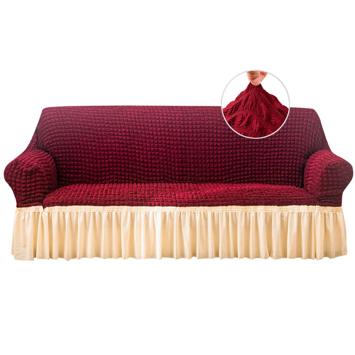 Stretch Sofa Slipcover Washable Elastic Furniture Protector - Sofa Couch & Bed Cover with Skirt for Kids & Pets - Red & Beige Large - Perfect for Living Room, Family Room & Pet-Friendly Homes