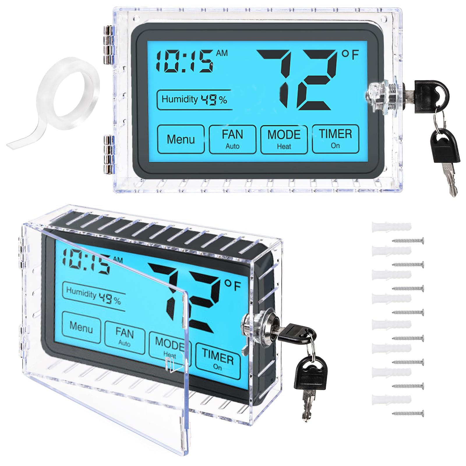 ZEAYEA 2-Pack Universal Thermostat Lock Box with Key - Clear Thermostat Guard for Wall-Mounted Thermostats, HVAC Control Cover Fits Units Up to 6