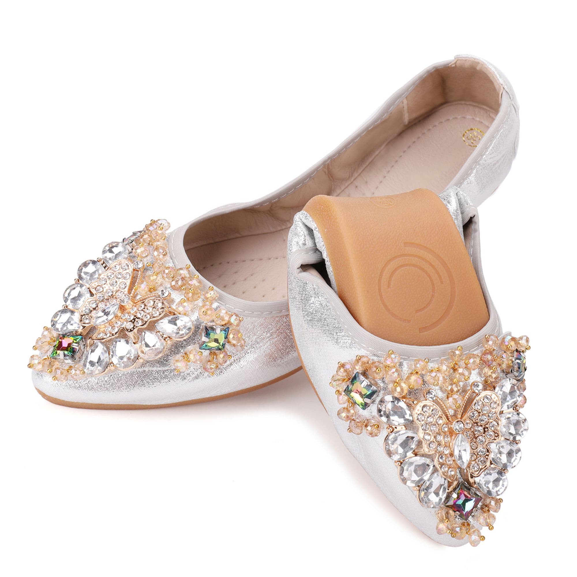 Women's Rhinestone Ballet Flats - Foldable Pointed Toe Slip On Loafers for Work, Wedding & Dress Shoes | Comfortable Walking Shoes for Office, Party & Travel
