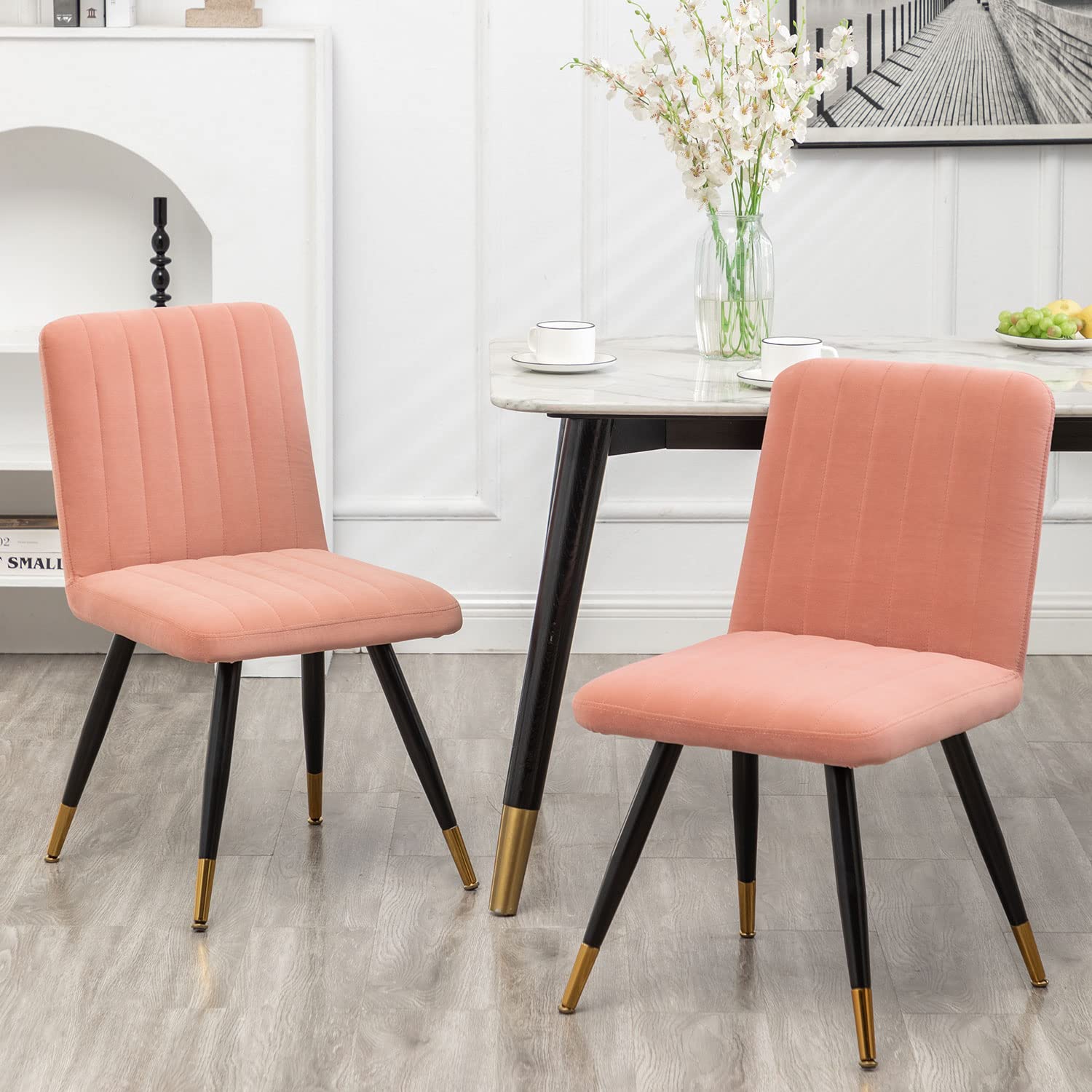 Andeworld 2-Piece Modern Upholstered Dining Chairs Set - Mid Century Faux Suede Accent Chairs with Golden Metal Legs for Living Room, Dining Room & Home Office - Pink Velvet Lounge Chairs for Entertaining Guests & Relaxing
