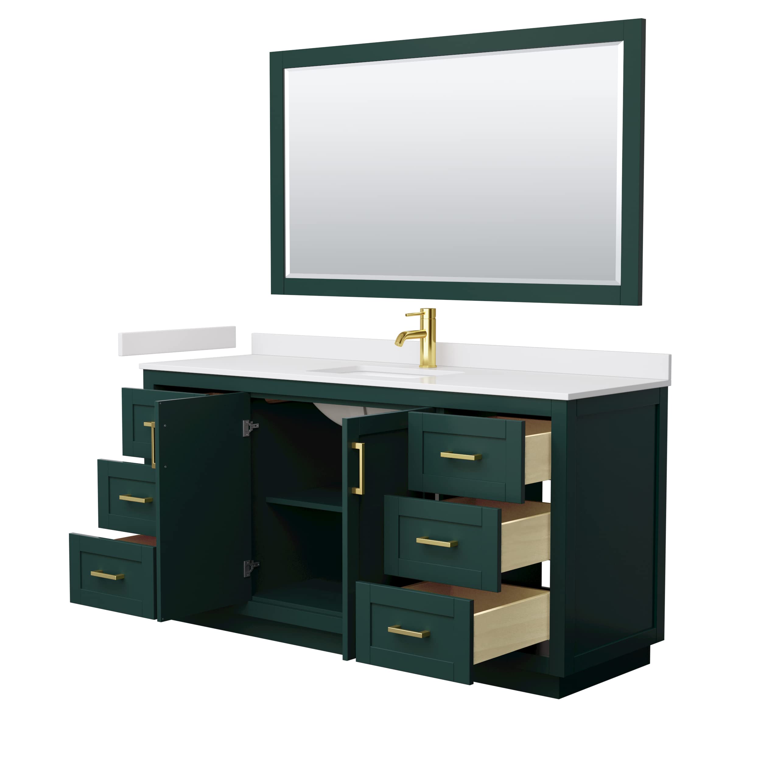 Wyndham Collection Miranda 66 Inch Green Bathroom Vanity with White Cultured Marble Countertop, Undermount Square Sink & Brushed Gold Trim - Includes 58 Inch Mirror | Perfect for Modern Bathroom Renovations, Small Space Solutions & Luxury Home Decor