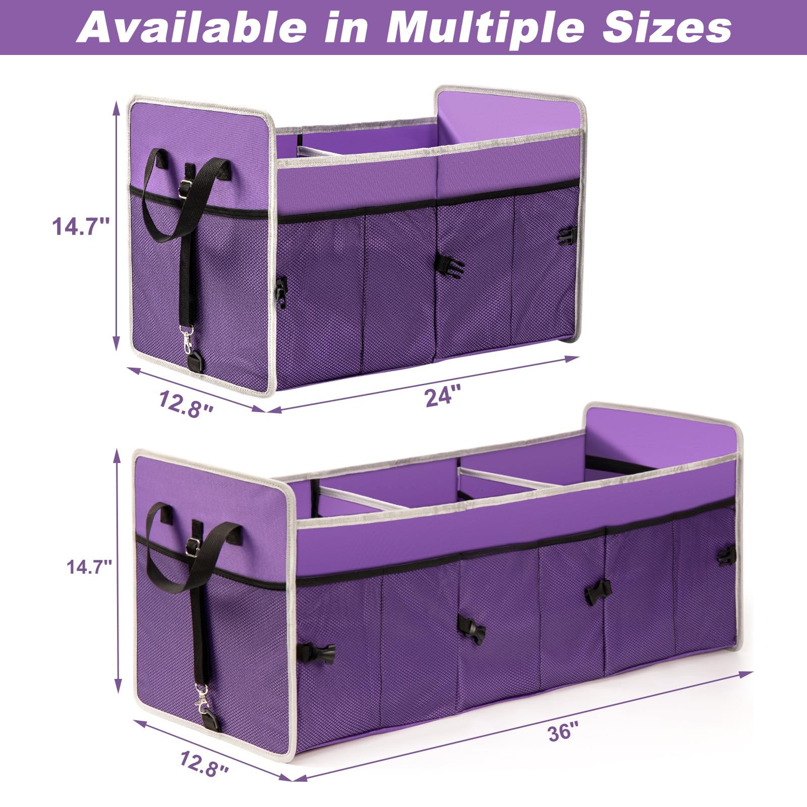 Collapsible 3-Compartment Car Trunk Organizer with Cooler Bag - Foldable SUV Storage Solution for Road Trips, Groceries & Sports Gear (Purple)