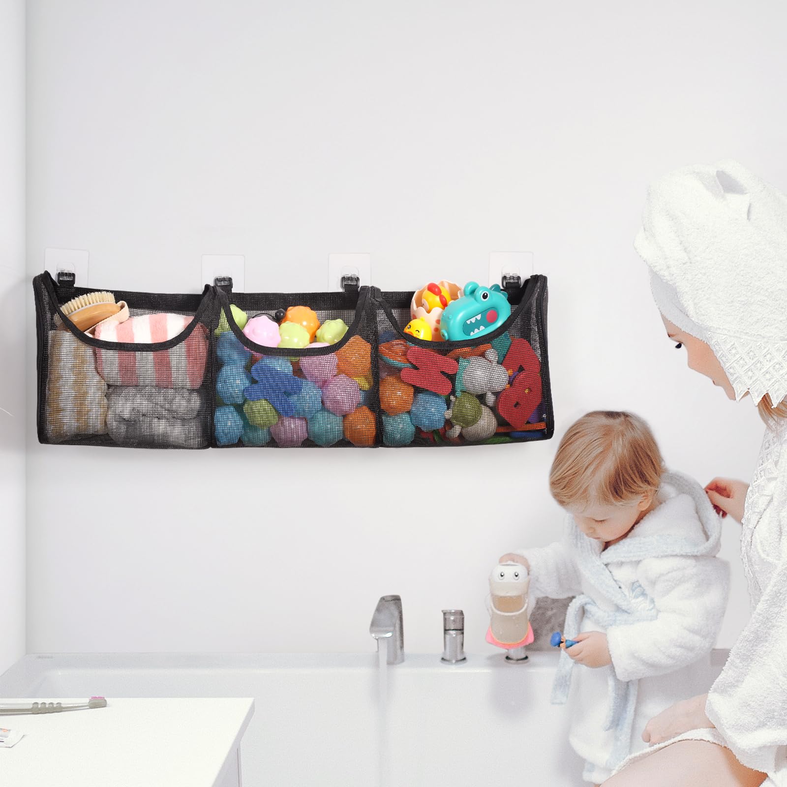 Goowin Bath Toy Organizer - 3 Compartment Large Openings Toy Holder for Kids Bath Time, High Capacity Bathtub Storage for Easy Access & Sorting (Black) - Perfect for Bathroom Organization & Toddler Playtime