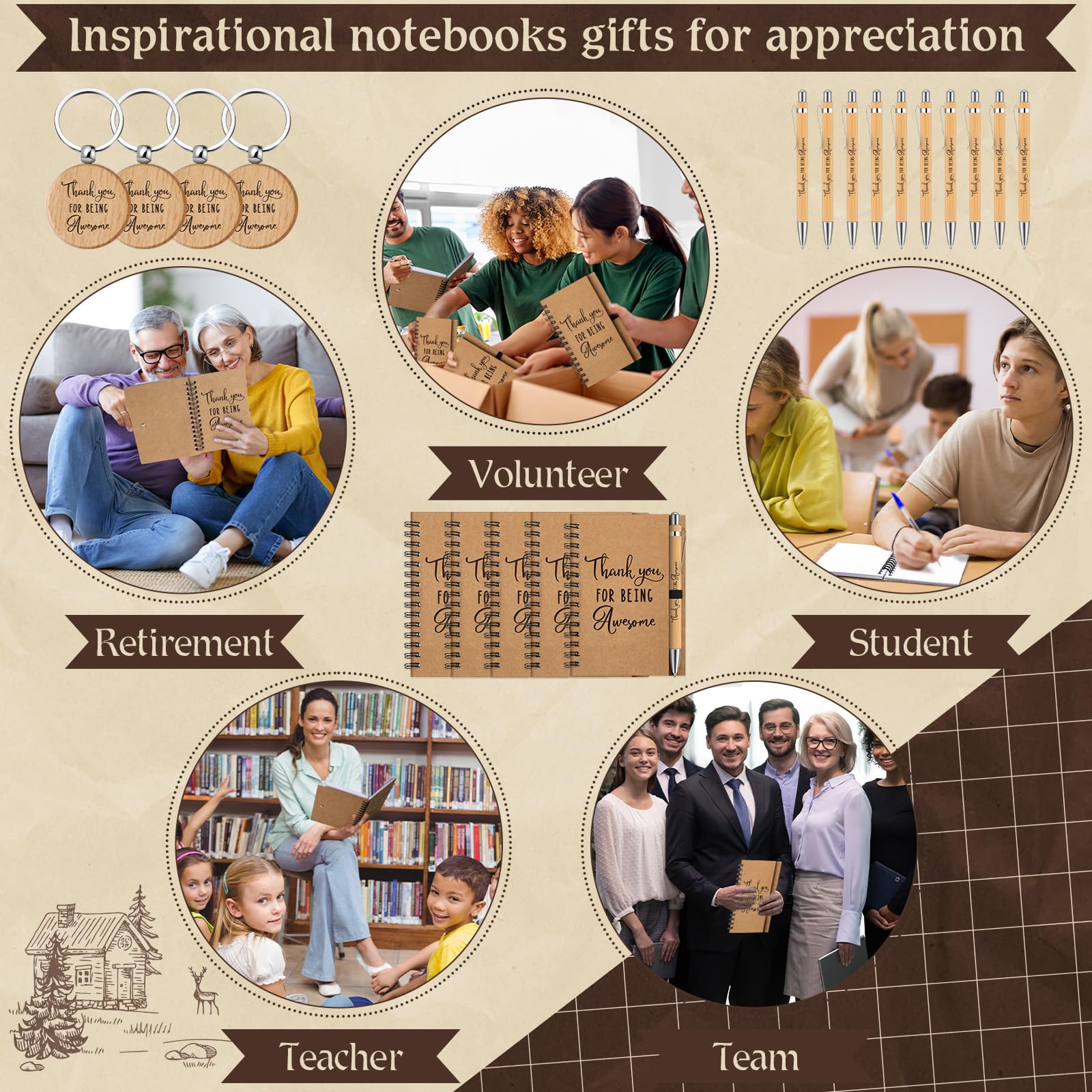 Cholemy 90 Pcs Bulk Thank You Gifts Set - Inspirational Bamboo Pens & Kraft Notebooks with Keychain for Employee Appreciation, Coworker Gifts, Christian Motivational Gifts - Perfect for Office Rewards, Team Building & Corporate Events