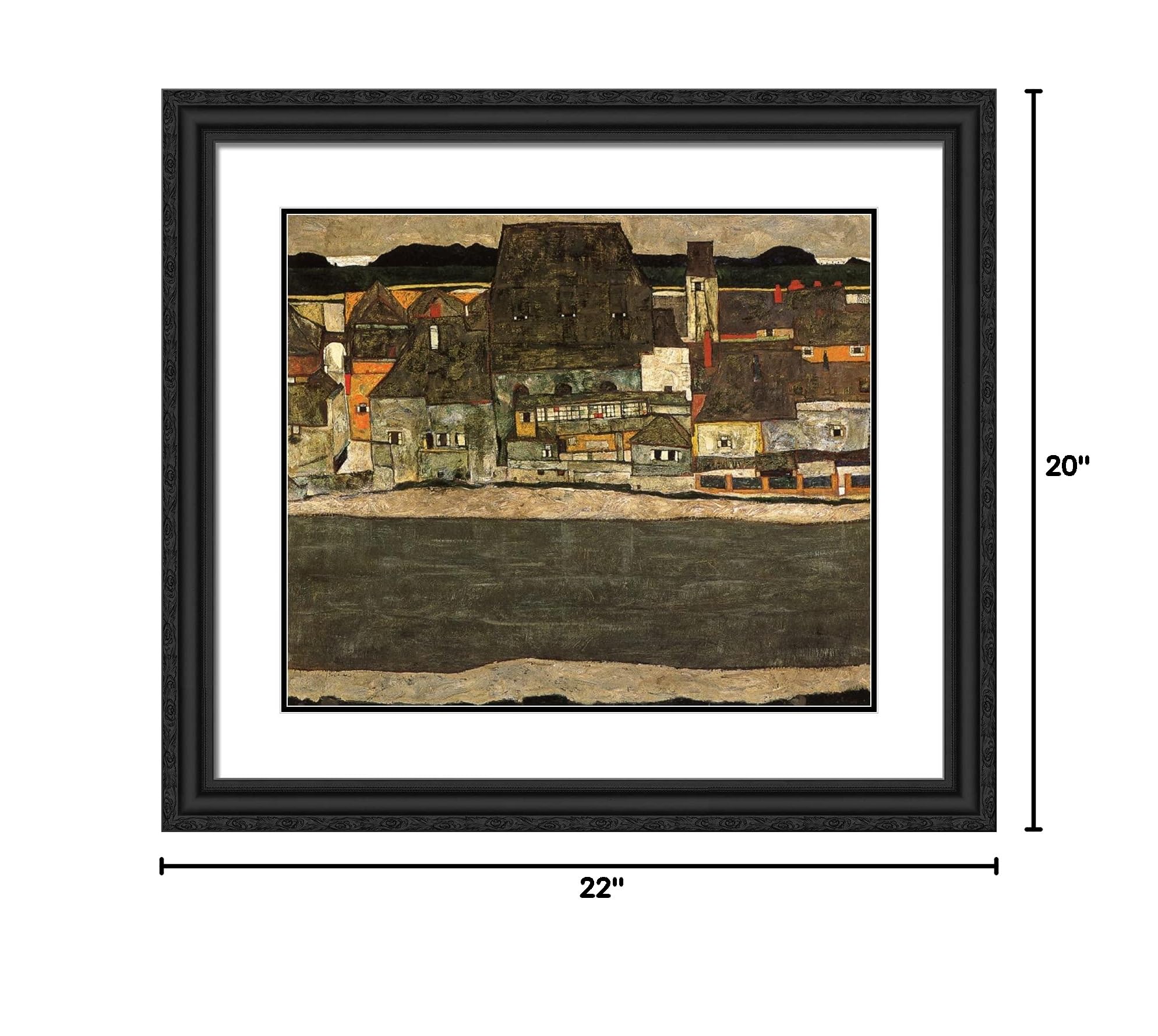 Egon Schiele 'Houses by the River The Old City' 22x20 Black Ornate Framed Art Print with Double Matting - Perfect for Living Room, Bedroom & Office Wall Decor