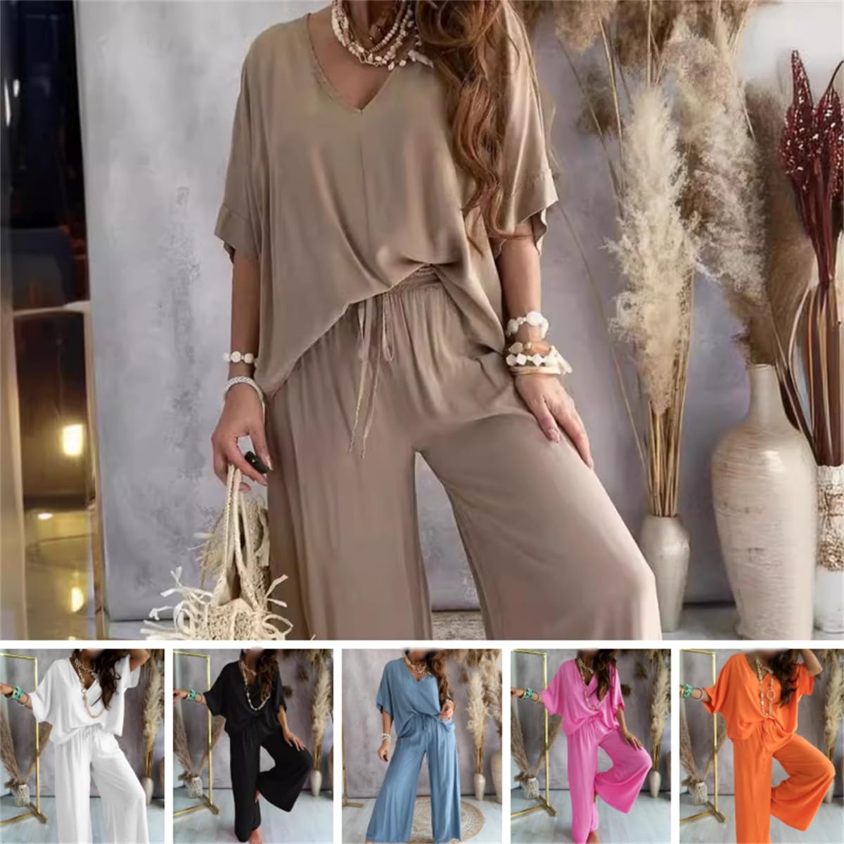 Women's Casual Loose Solid Color Suit Set - Comfortable V-Neck Lounge Pants Outfit for Home, Travel & Relaxation | Two-Piece Womens Loungewear