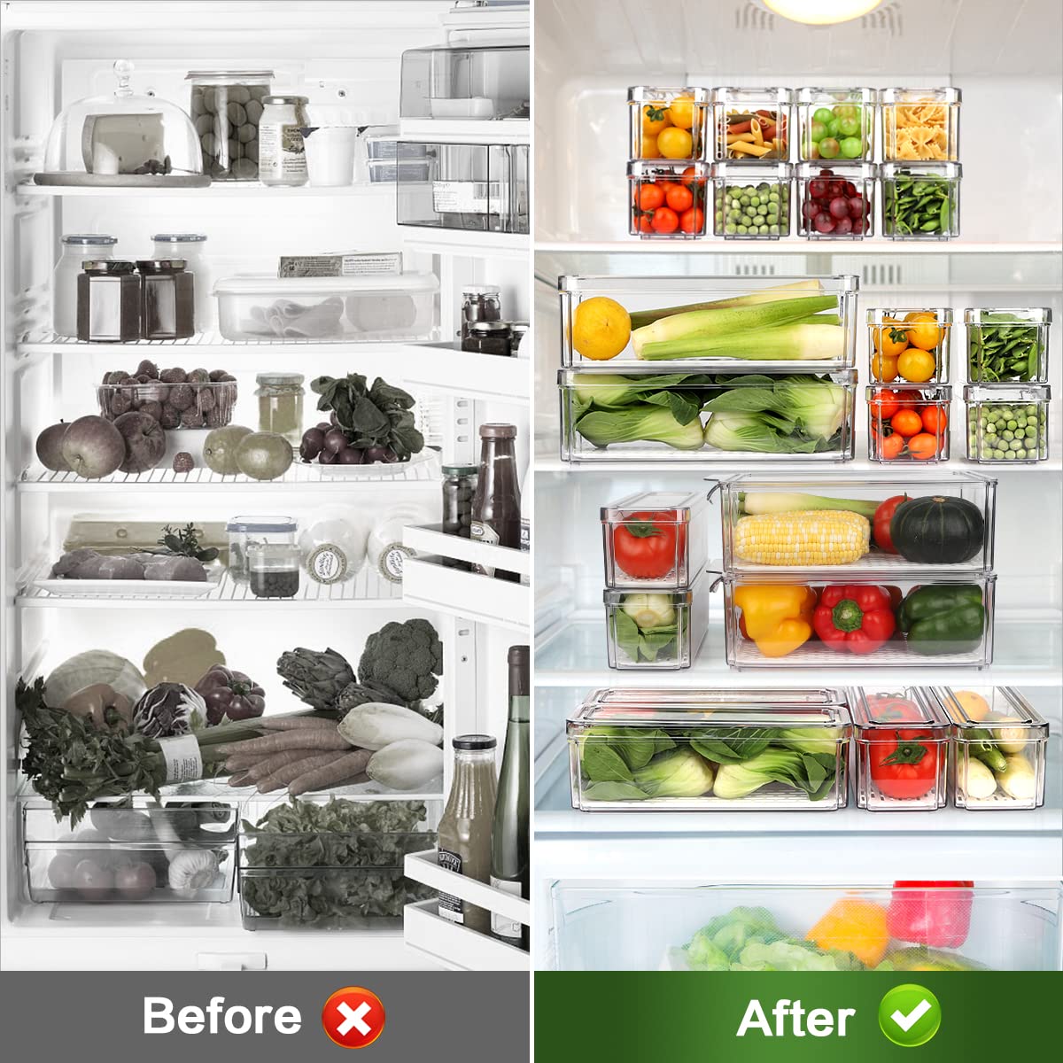 14-Pack Stackable BPA-Free Clear Refrigerator Organizer Bins with Lids - Food Storage Containers for Fruits, Vegetables, Drinks & Cereals | Fridge Organization for Kitchen, Pantry & Meal Prep