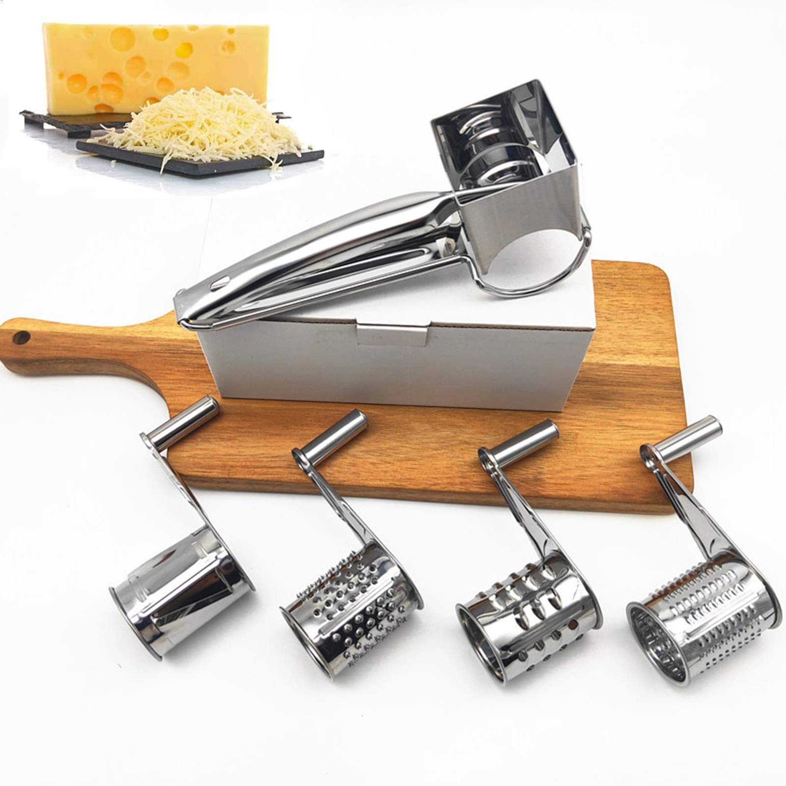 Premium Stainless Steel Rotary Cheese Grater with 4 Interchangeable Blades - Handheld Shredder for Cheese, Vegetables, Nuts & Chocolate - Perfect for Kitchen, Baking, Salad Prep & Party Platters (1 Set)