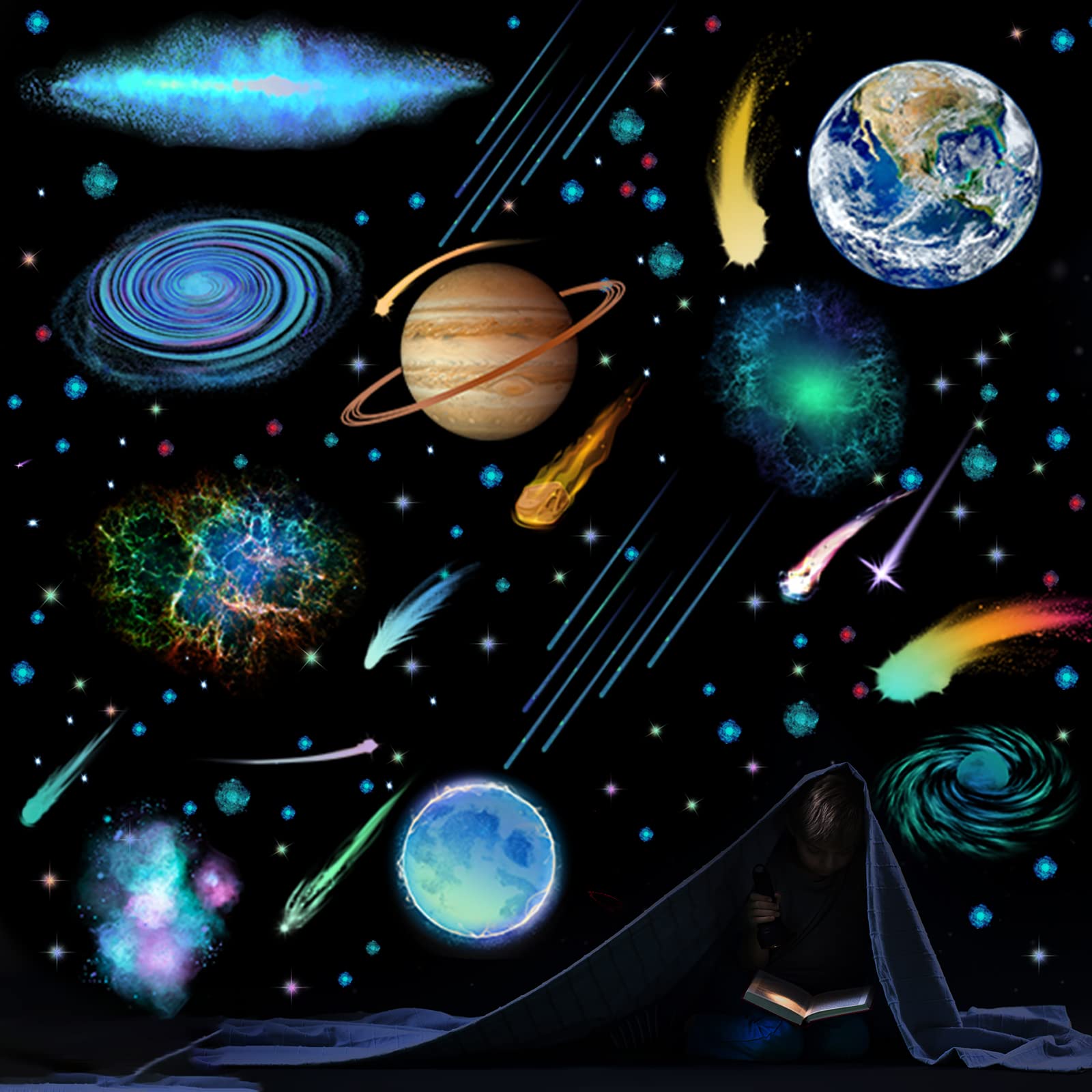 Glow in The Dark Stars Wall Stickers - Self Adhesive Galaxy Star Decals for Ceiling & Nursery - Cool Style Removable Glow in Dark Decor for Kids Bedroom - Perfect for Night Lights & Space Themed Room Decor