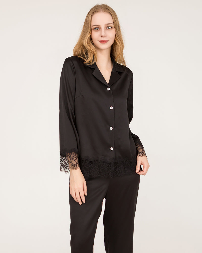 Luxury Silk Pajama Set with Elegant Lace Trim - Women's Sleepwear for Valentine's Day & Bridal Shower Gift