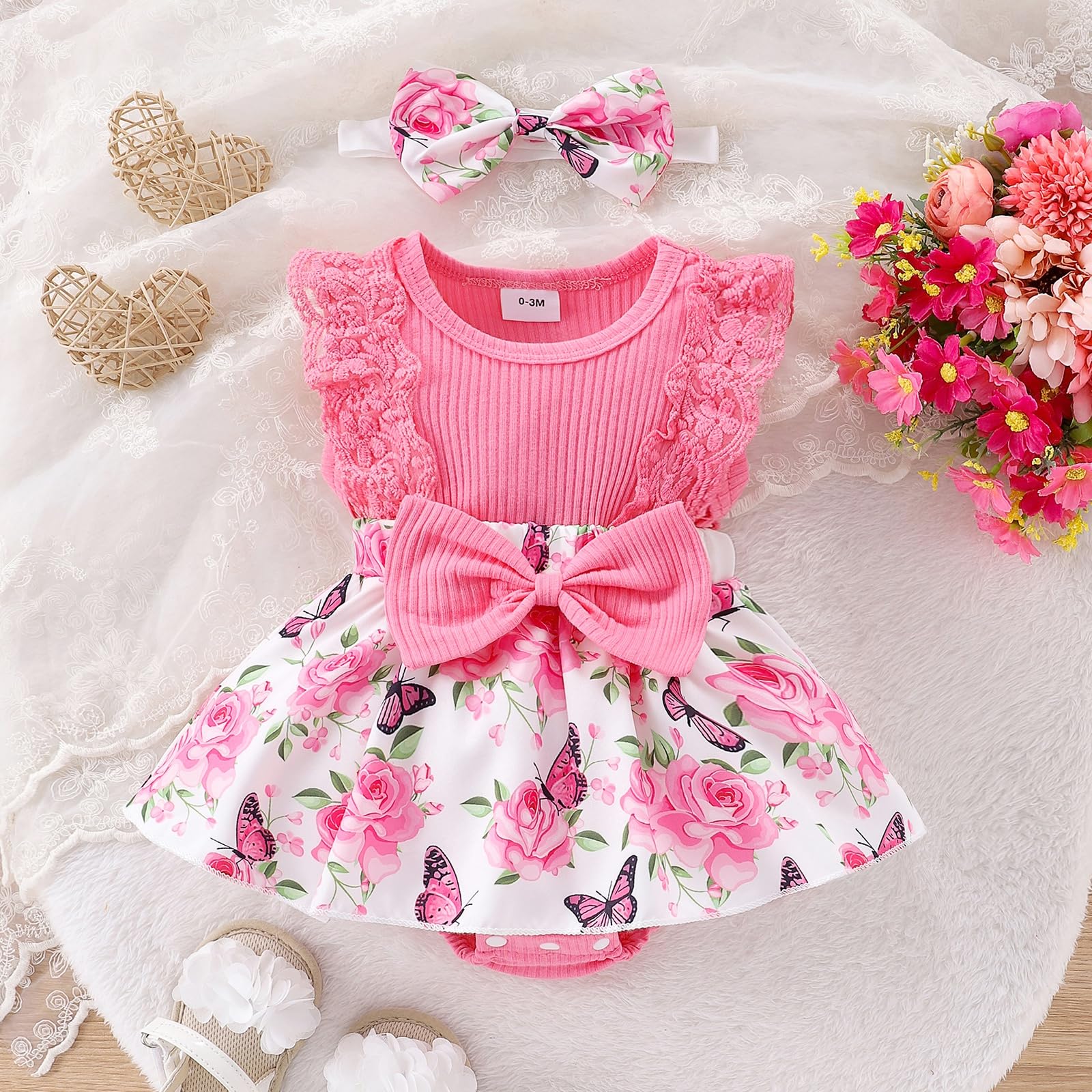 Baby Girl Romper Dress 0-12 Months | Newborn Lace Ruffle Sleeveless Summer Outfit with Headband | Perfect for Photoshoots, Parties & Outdoor Play
