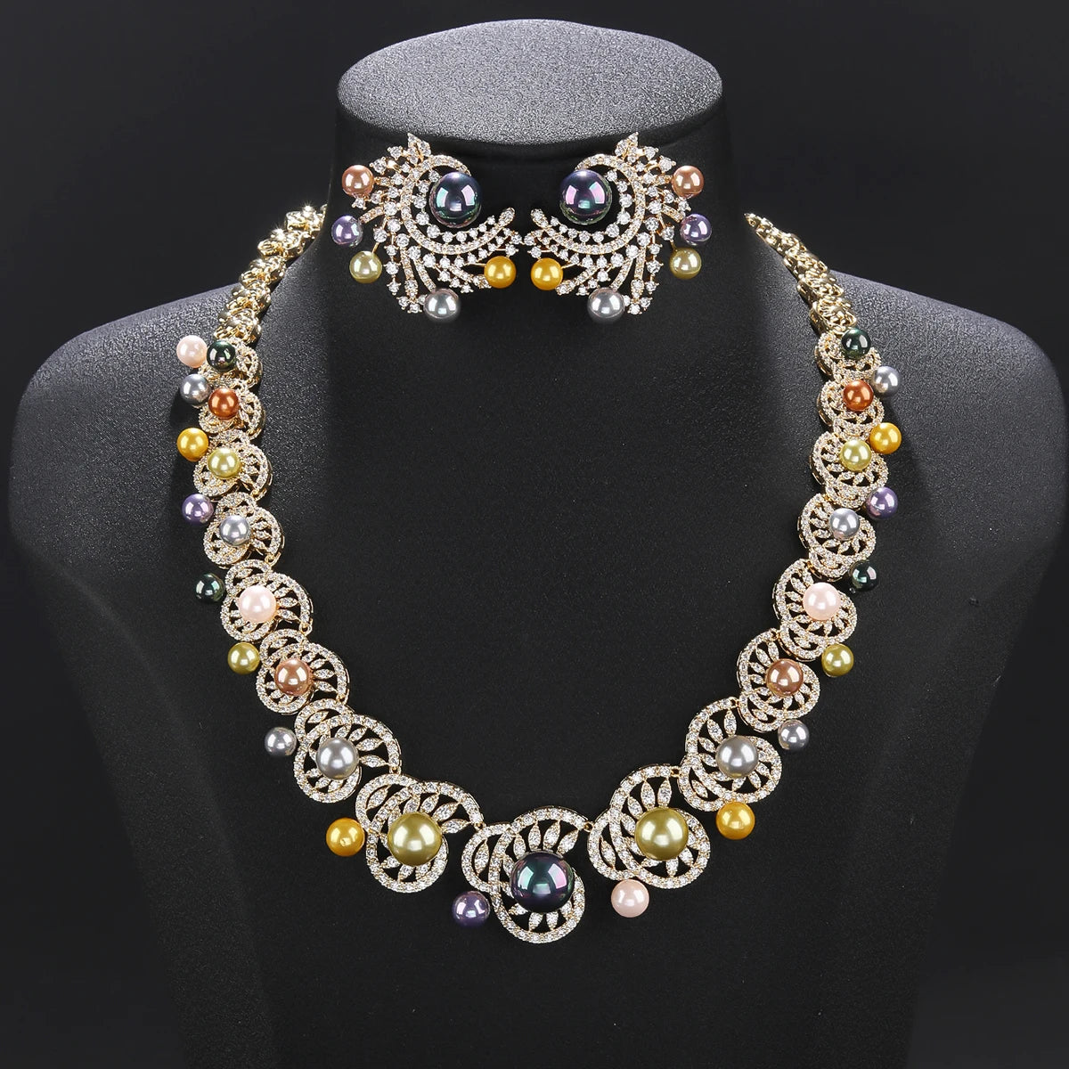 Luxury 7-Color Pearl Choker Necklace & Earrings Set with White Cubic Zirconia - Wedding, Bridal Party Jewelry for Women - Perfect for Formal Events, Anniversaries and Special Occasions