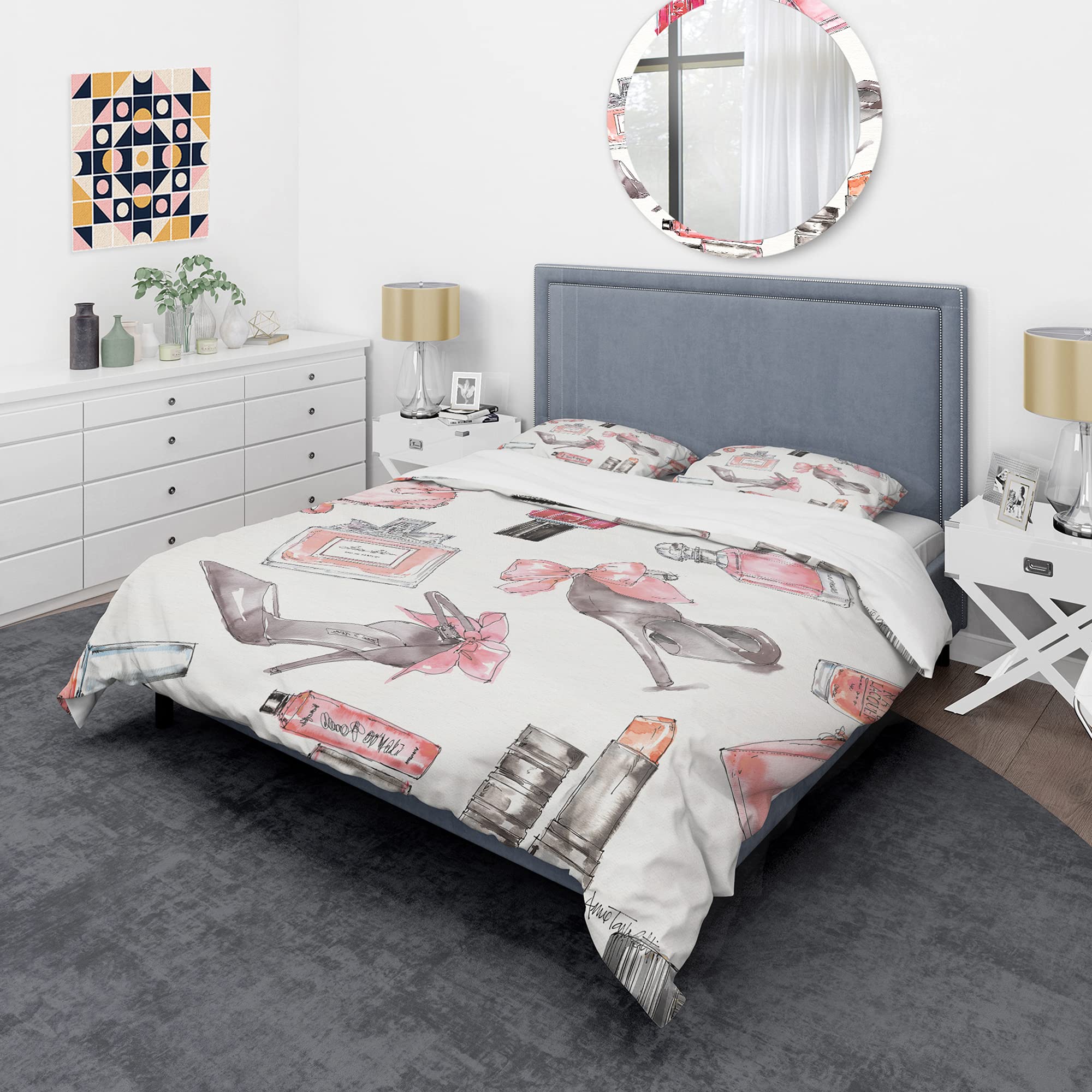 DesignQ Glam Chic Accents Pattern Shabby Chic Duvet Cover Set - Multi-Color King Size 3-Piece Fashion Bedding for All Seasons | Perfect for Bohemian Bedrooms, Guest Rooms & Cozy Home Decor