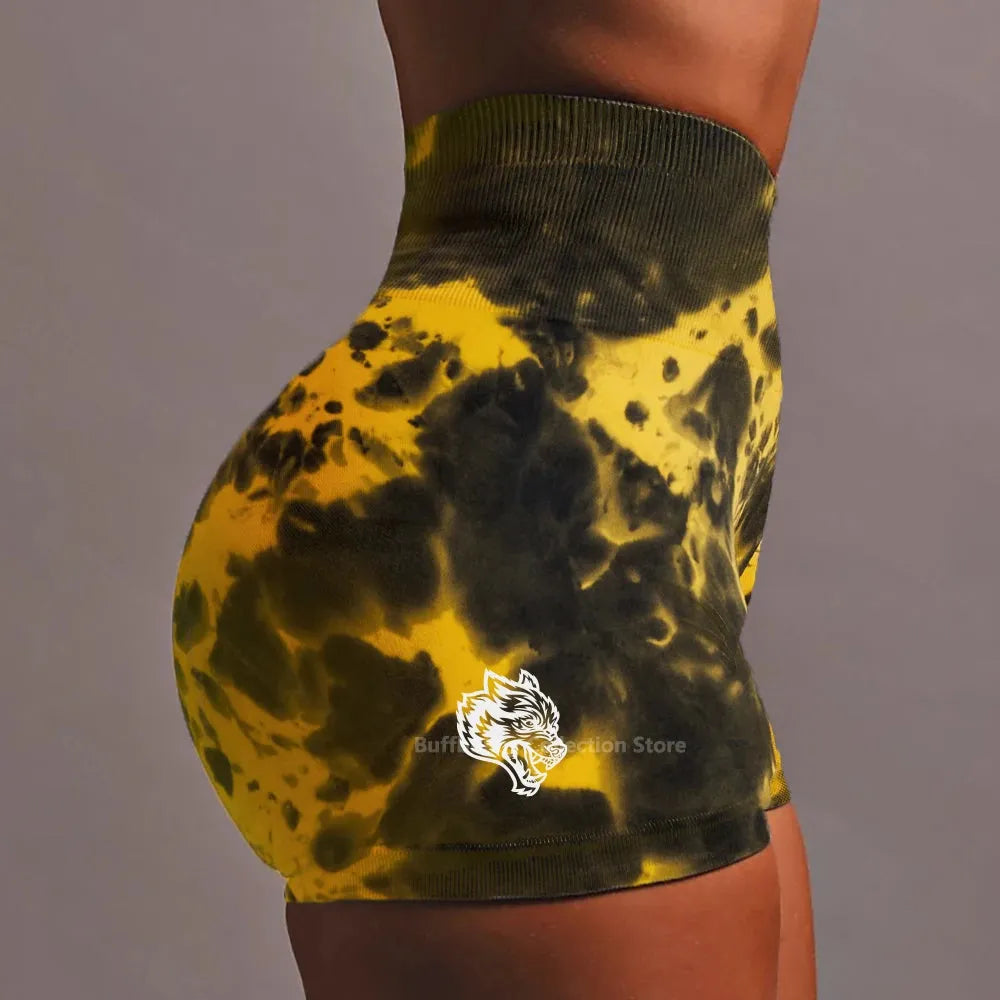 She Darc Wolf Tie Dye Scrunch Shorts for Women - Seamless Yoga Shorts, Breathable Workout Shorts with High Waist for Running, Gym & Summer Activities