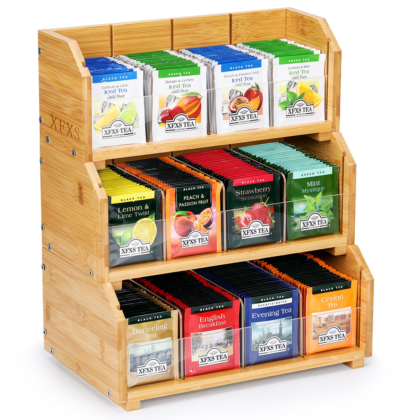Premium Bamboo Tea Box Organizer - 3-Tier Stackable Storage with 12 Compartments | Natural Wood & Acrylic Tea Organizer for Countertop or Cabinet | Perfect for Tea Bags, Coffee Pods & Kitchen Organization