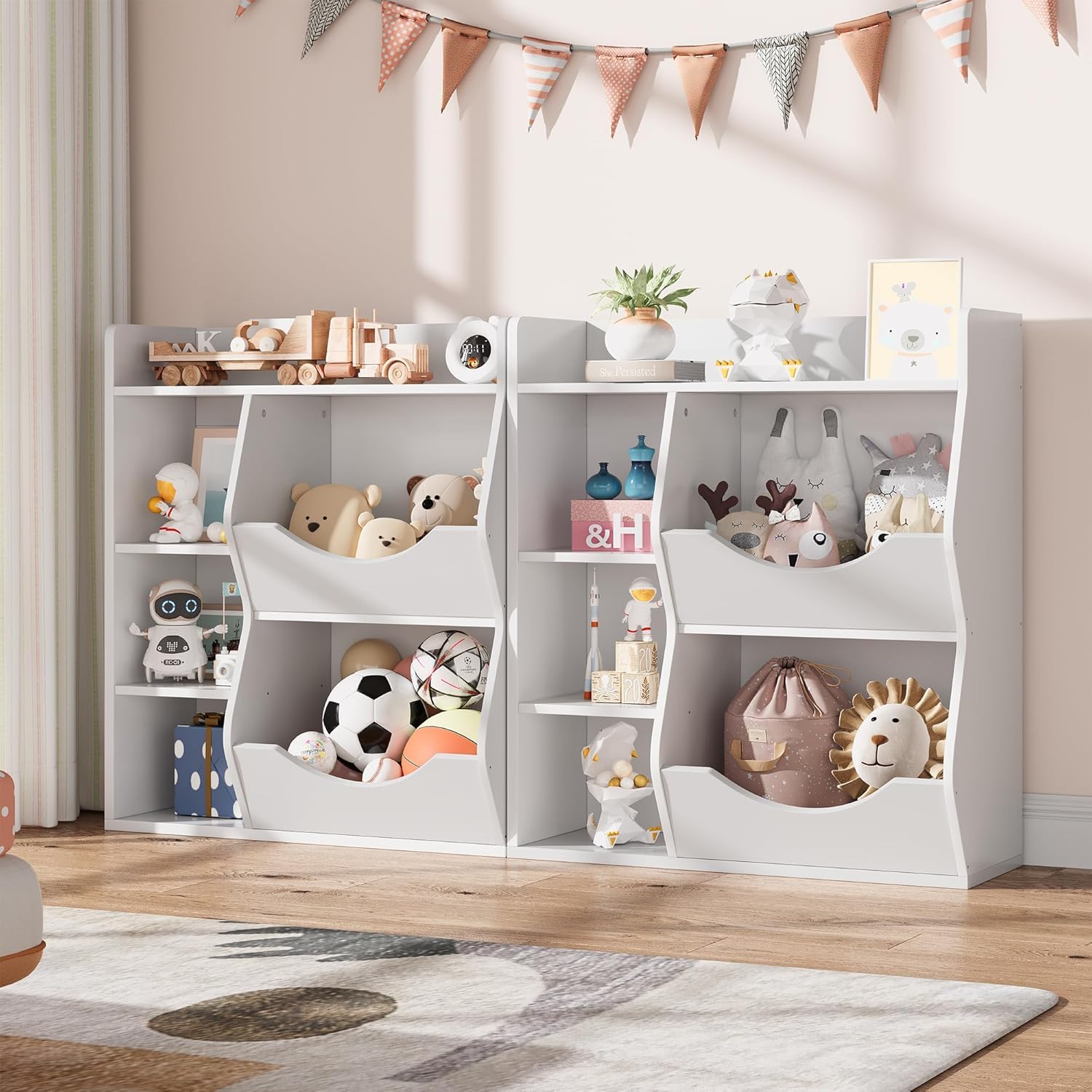 3-Tier Kids Toy Storage Organizer & Bookshelf - White Double-Sided 5-Compartment Shelf for Toys, Books - Perfect for Kids' Room, Bedroom, Living Room & Kindergarten - Organize Playrooms, Daycares & Homeschool Spaces