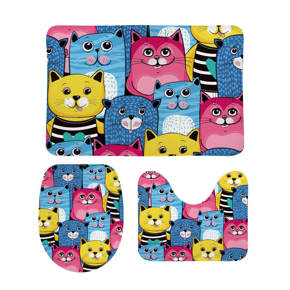 QAZPL 3-Piece Non-Slip Bathroom Rug Set - Cute Cartoon Cat Design, U-Shaped Toilet Seat Cover & Contour Floor Mats, Soft Washable Bath Mats for Bathtub Area (Perfect for Kids' Bathrooms & Pet-Friendly Homes)