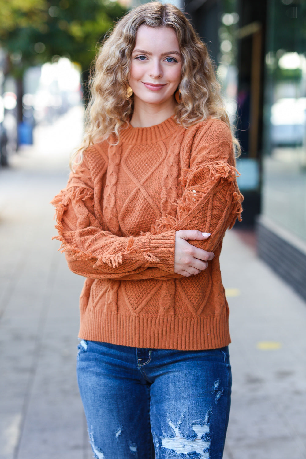 Joyful Days Rust Cable Knit Tassel Fringe Sweater for Women - Cozy Autumn Winter Pullover with Boho Chic Style | Perfect for Fall Outfits, Holiday Parties & Casual Wear