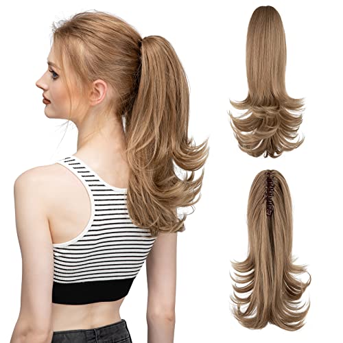 14 Inch Synthetic Curly Wavy Ponytail Hair Extension Clip - CJL HAIR High Heat Resistant Faux Hairpiece for Women & Girls (Light Golden Brown/Ash Blonde) | Perfect for Parties, Weddings & Daily Styling