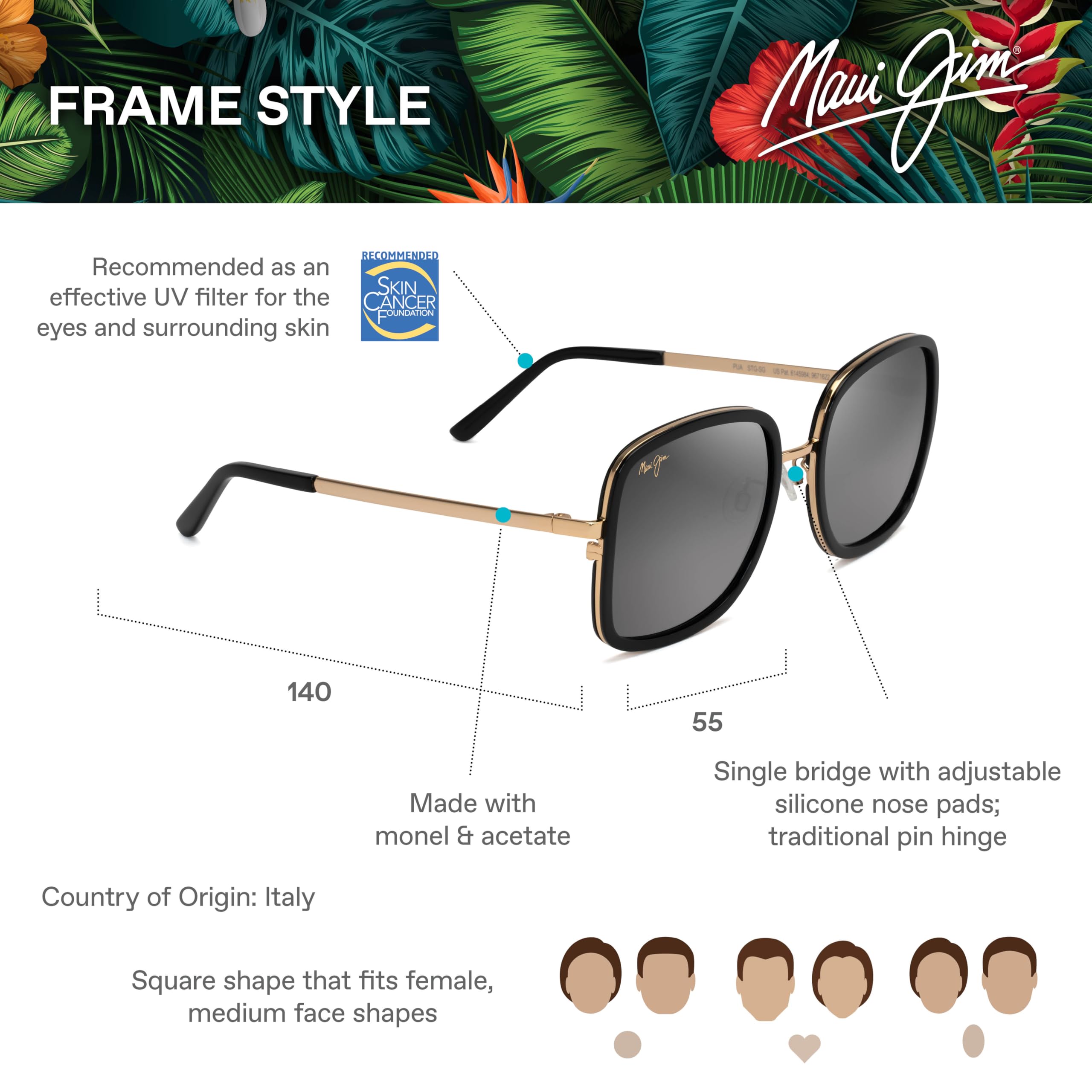Maui Jim Women's Pua PolarizedPlus2 Lenses Square Sunglasses for Women - UV Protection, Anti-Glare, Lightweight & Stylish - Perfect for Driving, Beach, and Outdoor Activities