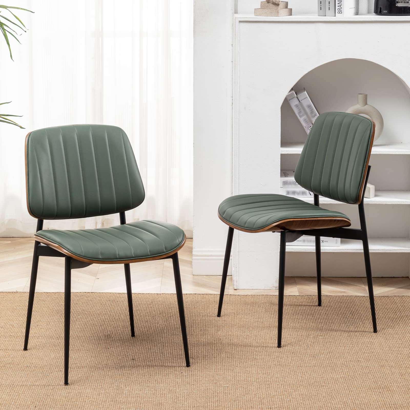 LUNLING Mid Century Modern Dining Chairs Set of 2 - Retro Faux Leather Upholstered Seat with Walnut Bentwood & Metal Legs - Adjustable Foot for Kitchen, Dining Room, Living Room - Green (Perfect for Home Decor, Restaurant, Cafe)
