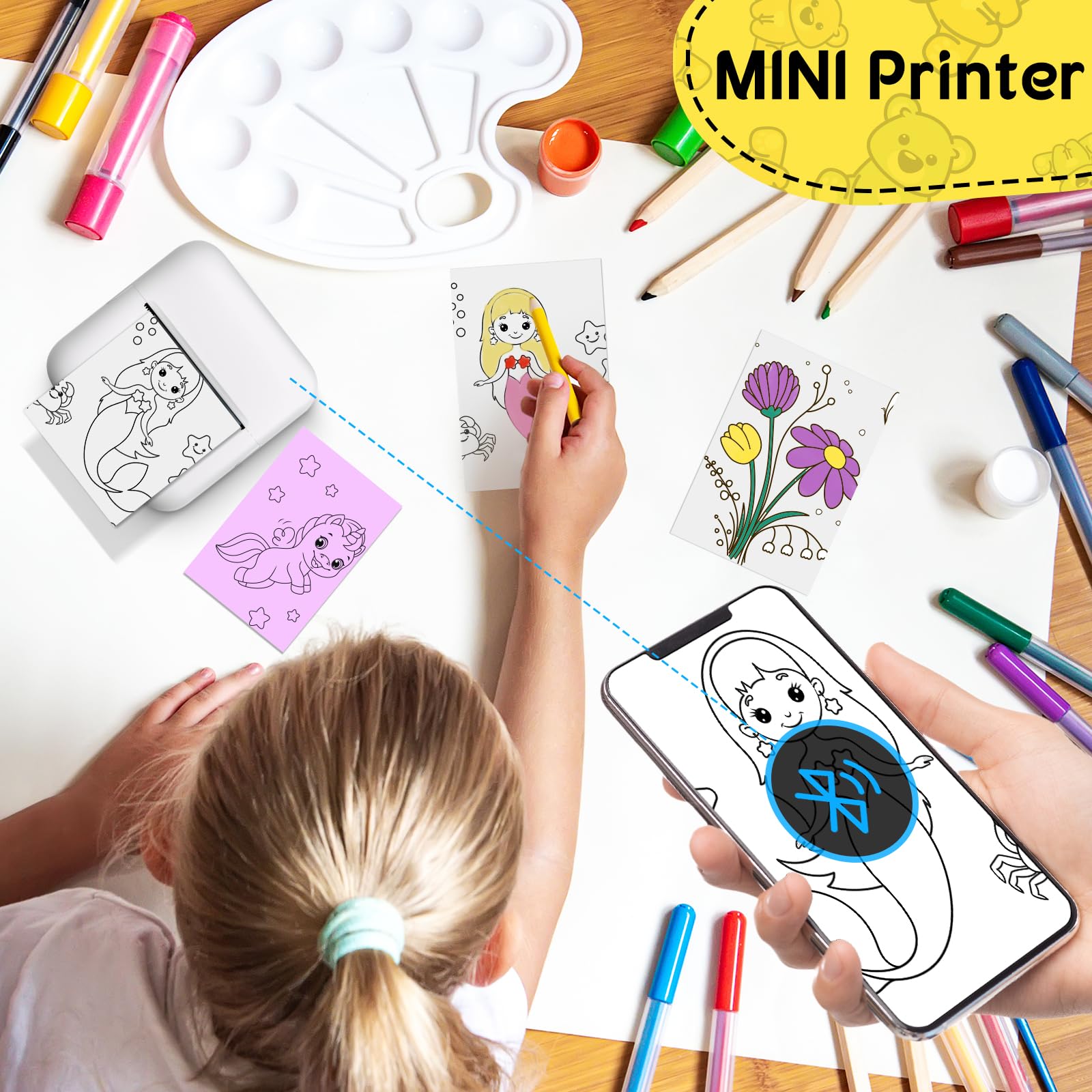 LVCDODVD Mini Thermal Printer - Portable Bluetooth Photo Printer for Stickers, Notes & DIY Painting | Wireless Compatible with iOS & Android | Includes 13 Colorful Ink Rolls | Perfect for Home, School & Office Use