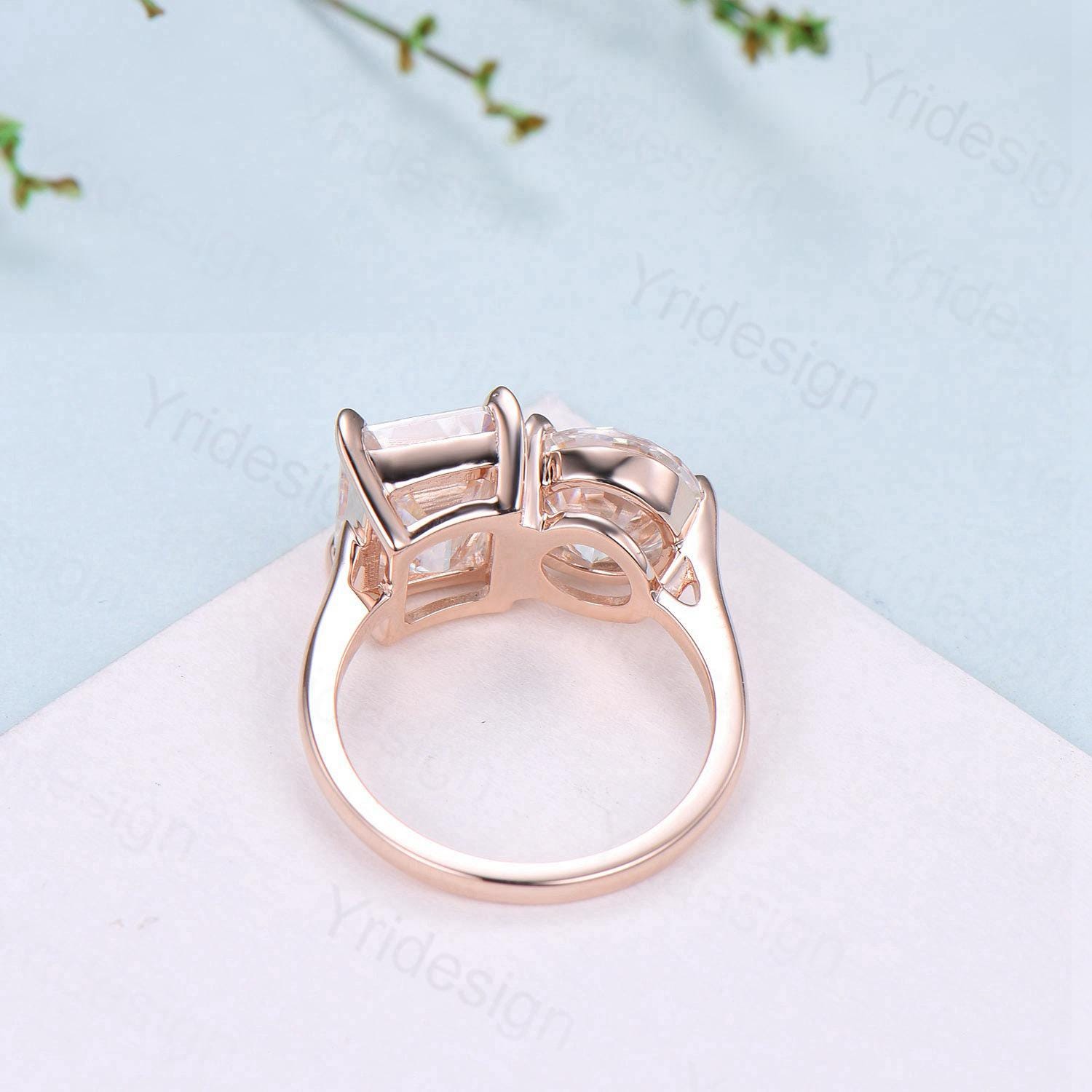 Minimalist Two Stone Engagement Ring 14K Rose Gold - Emerald Cut Citrine & Round Peridot Wedding Band - Anniversary Bridal Jewelry Gift for Her - Perfect for Proposals, Weddings & Romantic Occasions
