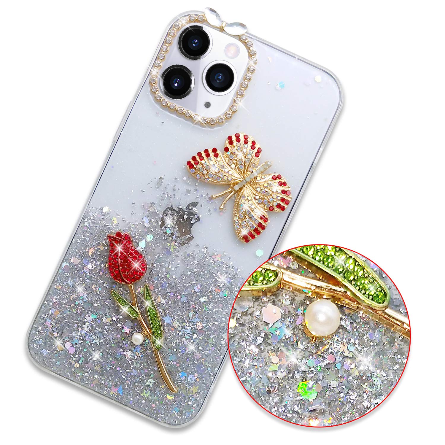 Luxury 3D Bling Glitter Rhinestone iPhone 12 Pro Case - Diamond Butterfly Flower Design, Sparkly Soft Silicone Protective Cover for Women & Girls (6.1