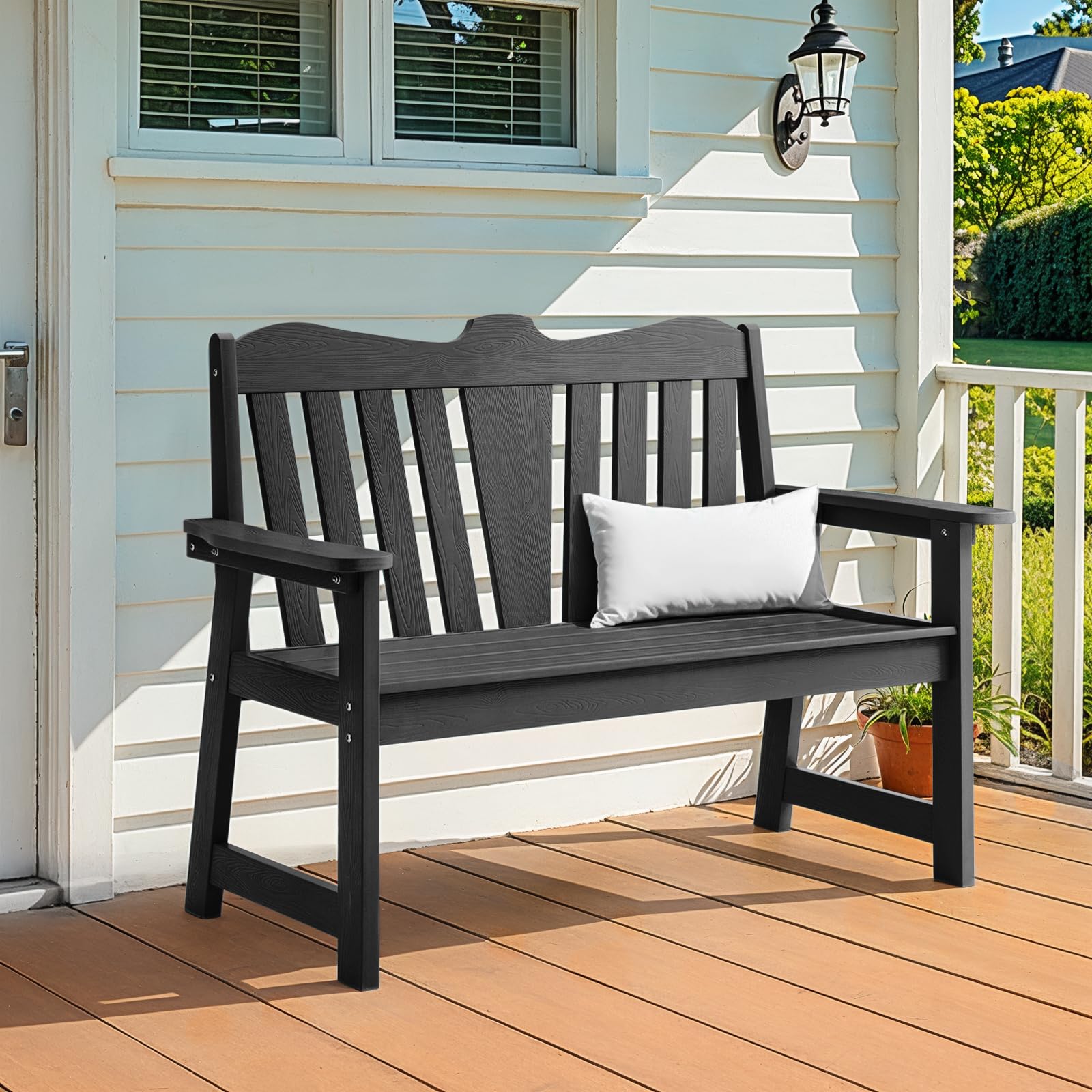 **2-Person Weatherproof Outdoor Bench - All-Weather Garden, Patio, Backyard & Park Bench with Wide Armrests & Backrest - Durable, Fade & Rot Resistant - Easy Assembly - Black - Perfect for Relaxing in Gardens, Porches & Outdoor Spaces**