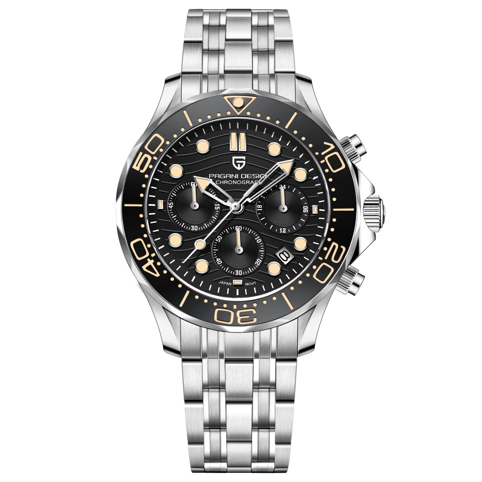 Pagani Design Men's Business Quartz Watch - Stainless Steel Strap, Japan VD53 Movement, 100M Waterproof, Analog Chronograph (Black) | Stylish Dress Watch for Office, Formal Events & Everyday Wear
