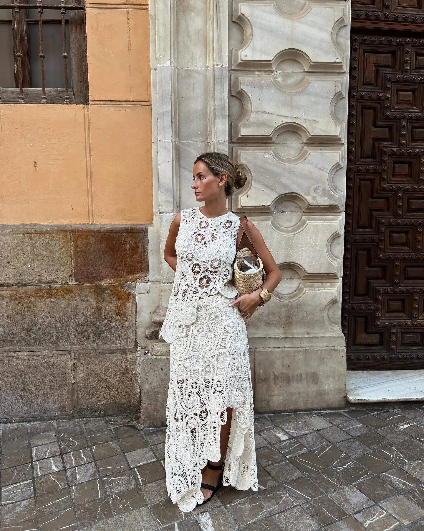 Elegant Crochet O-Neck Hollow Out Skirt Set for Women - Chic Floral Sleeveless Top with Asymmetrical Skirt | Perfect for Spring Outfits, Garden Parties & Romantic Dates