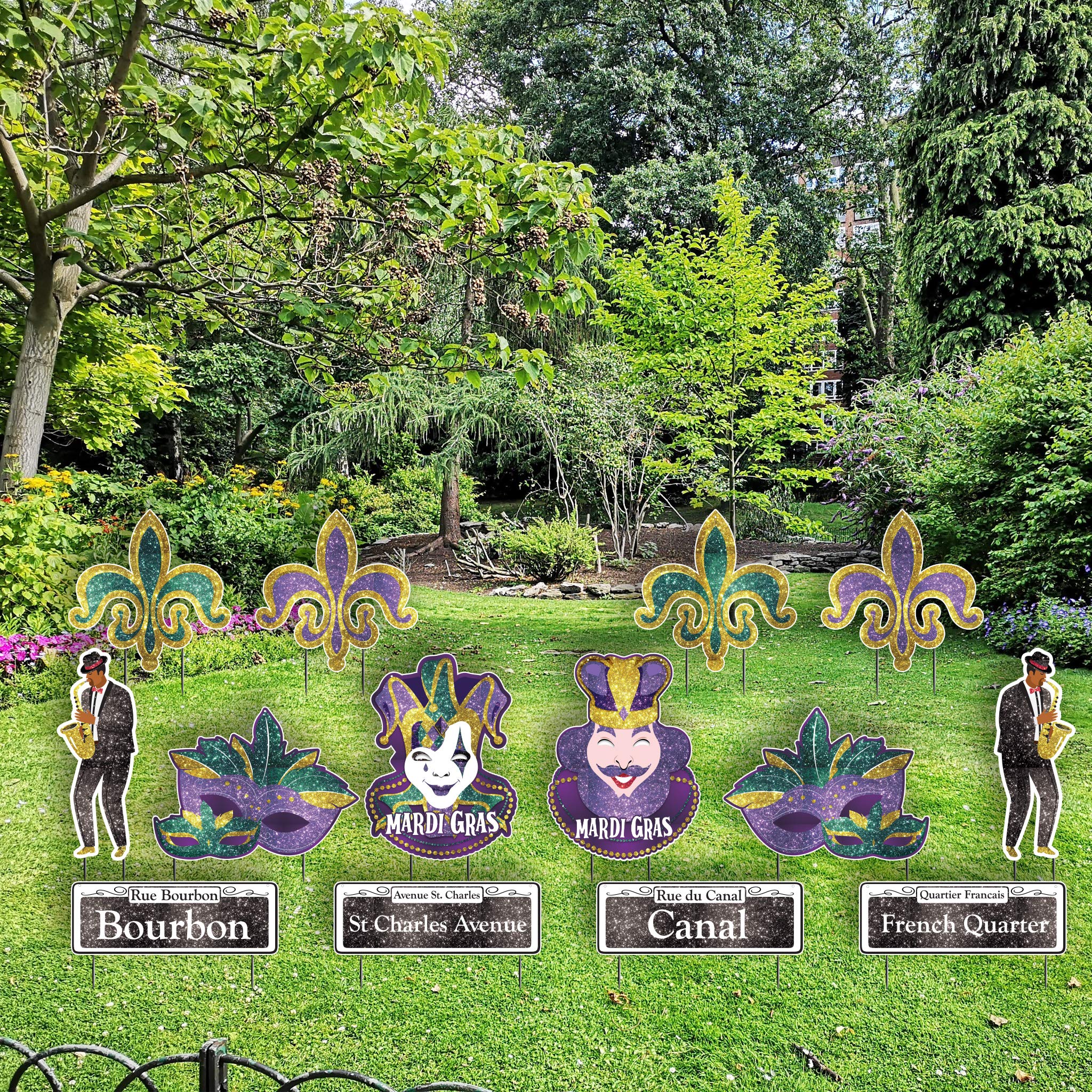 VictoryStore Jumbo Masquerade Party Decorations - 14-Piece Mardi Gras Yard Decor Set with Sparkle Glitter Print & Metal Stakes (18672) | Perfect for Carnival, Halloween, and Outdoor Themed Parties