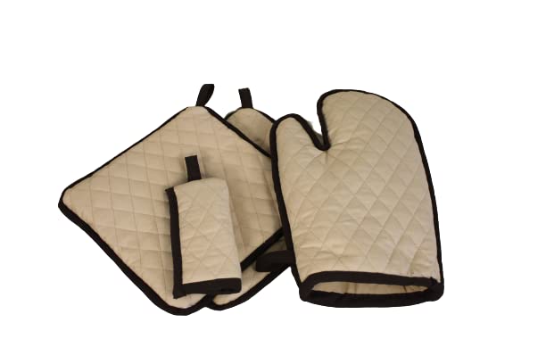 Heavy Duty Extra Heat Resistant Oven Mitts Set - Tan with Black for Baking, Grilling & Cooking - Premium Kitchen Safety Gloves for High Temperature Protection