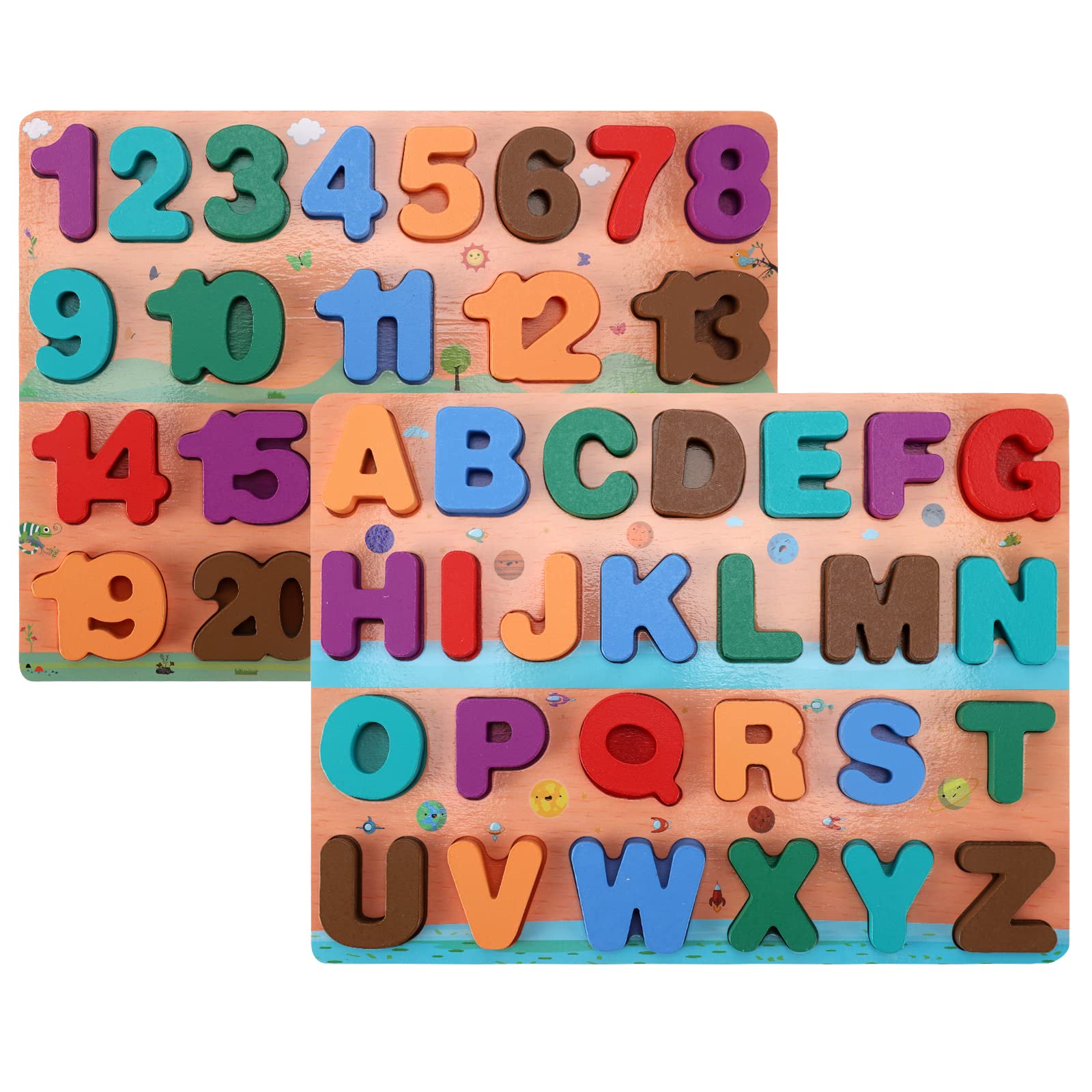 Wooden Alphabet and Number Puzzles (2 Pack) - Educational Learning Toys for Toddlers & Preschoolers - ABC & 123 Matching Game for Boys & Girls - Develop Color Recognition & Fine Motor Skills - Perfect for Homeschooling & Classroom Activities