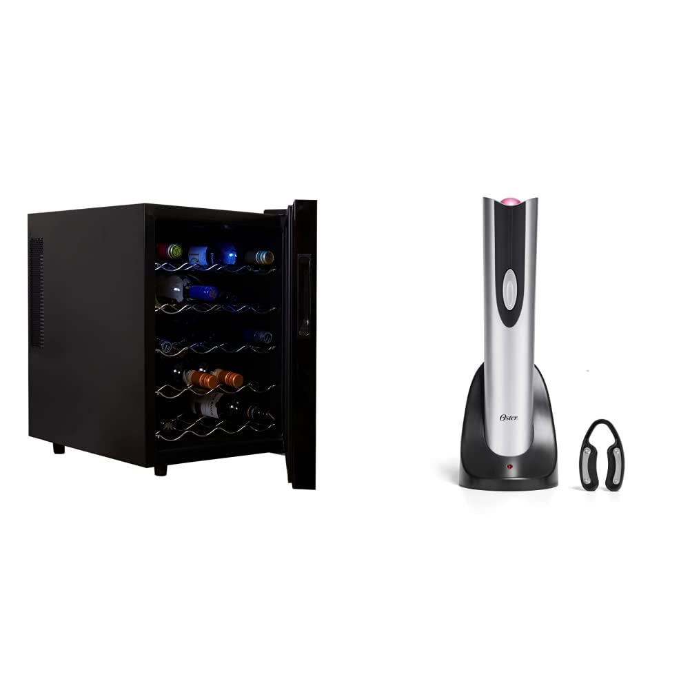 Koolatron WC20 20-Bottle Thermoelectric Wine Cooler & Oster Cordless Electric Wine Bottle Opener with Foil Cutter - Compact Black Wine Fridge & Silver Wine Accessories for Home Bar, Kitchen, and Party Use