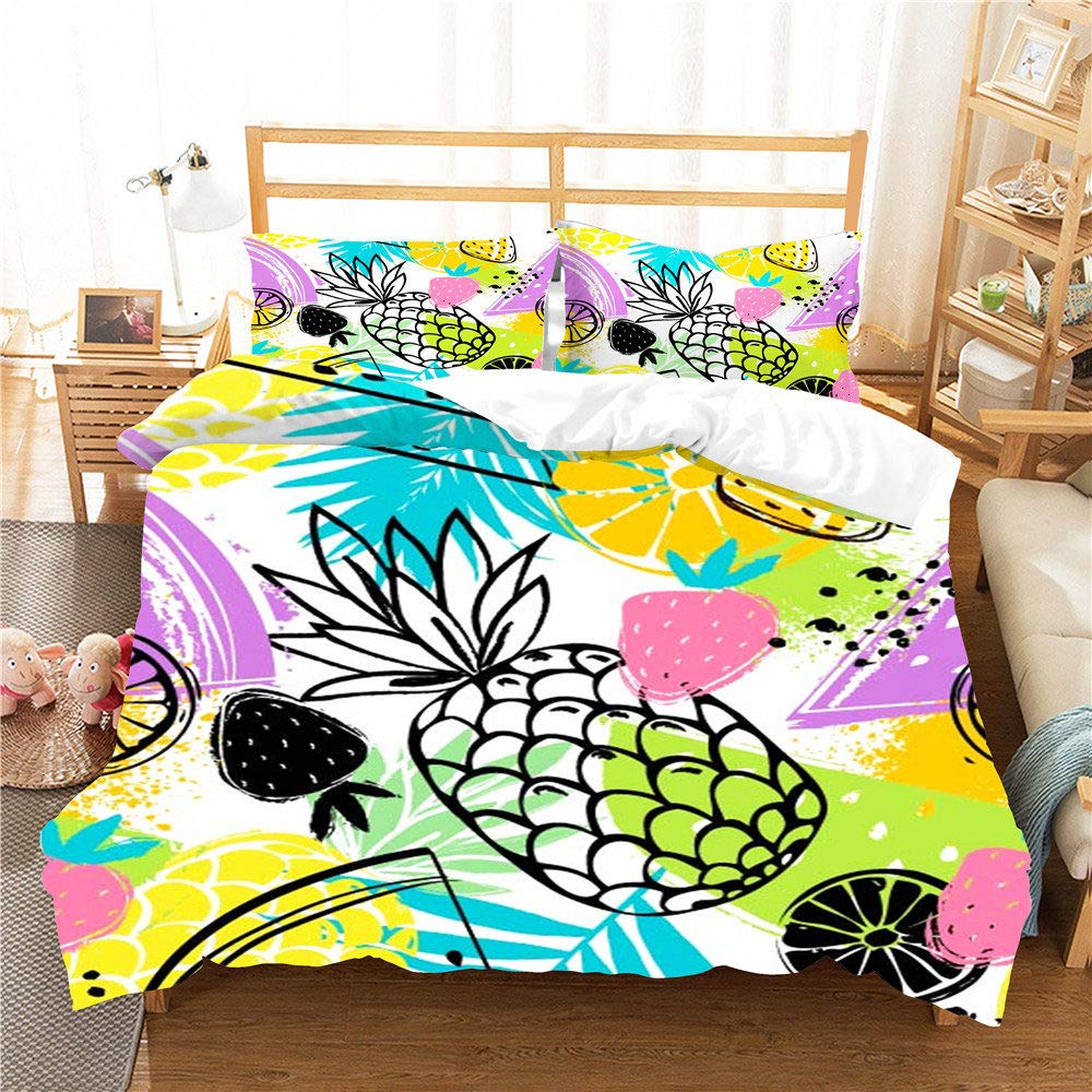3D Black Grain Pineapple Strawberry Printed Duvet Cover Set with Pillowcases - Queen/King Size Bedding Set (US Twin 173x218cm) - Soft Home Textile Comforter for Cozy Bedroom Decor, Kids Room & Guest Room