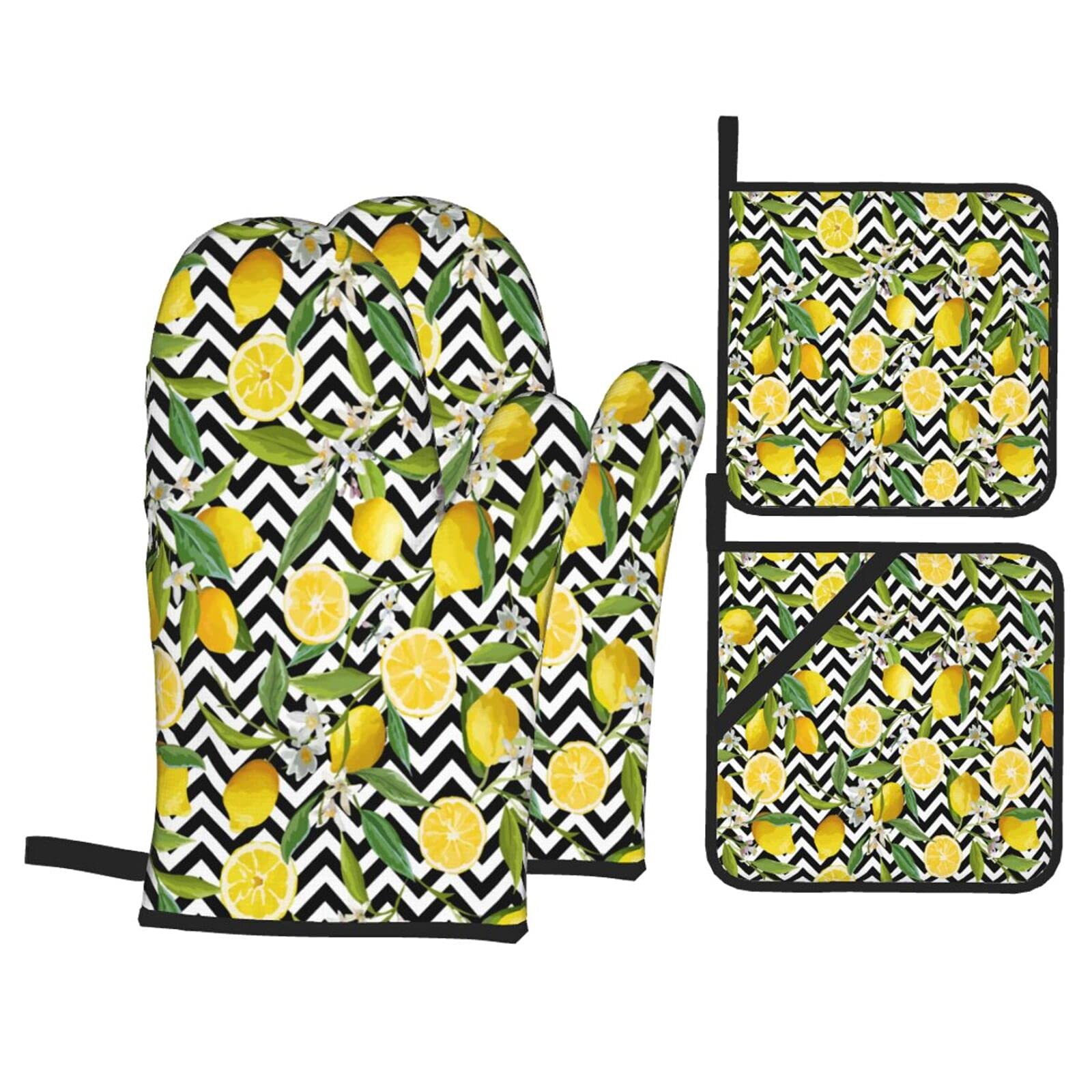 Heat Resistant Oven Mitts and Pot Holders Set - Lemon Black White Chevron Pattern Kitchen Gloves with Cotton Liner for Baking, Cooking, Grilling & BBQ - Perfect for Microwave, Stovetop and Outdoor Cooking