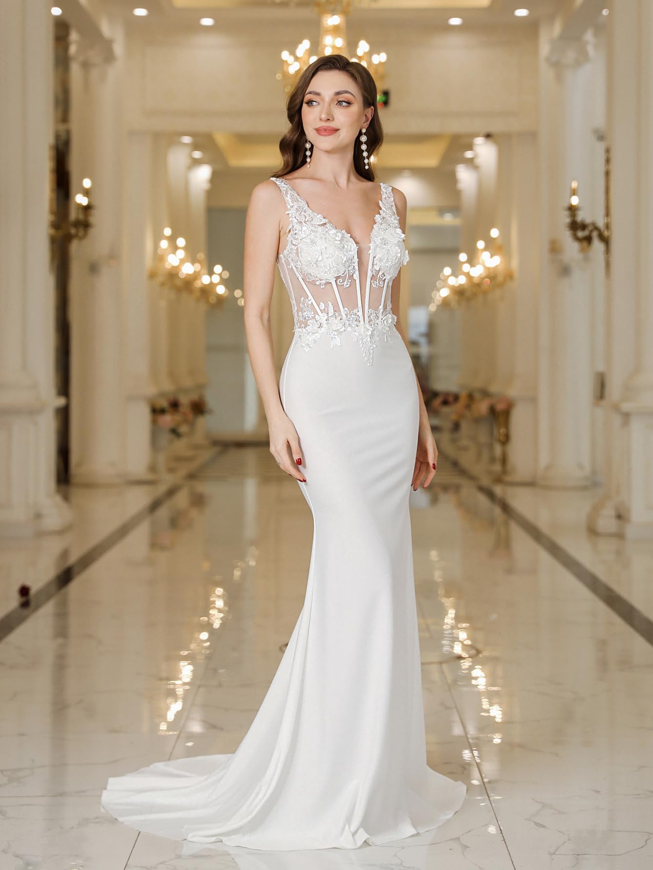 Elegant Lace Double V-Neck Sleeveless Wedding Dress with Train for Women | Perfect for Bridal Ceremony, Evening Gala & Formal Events