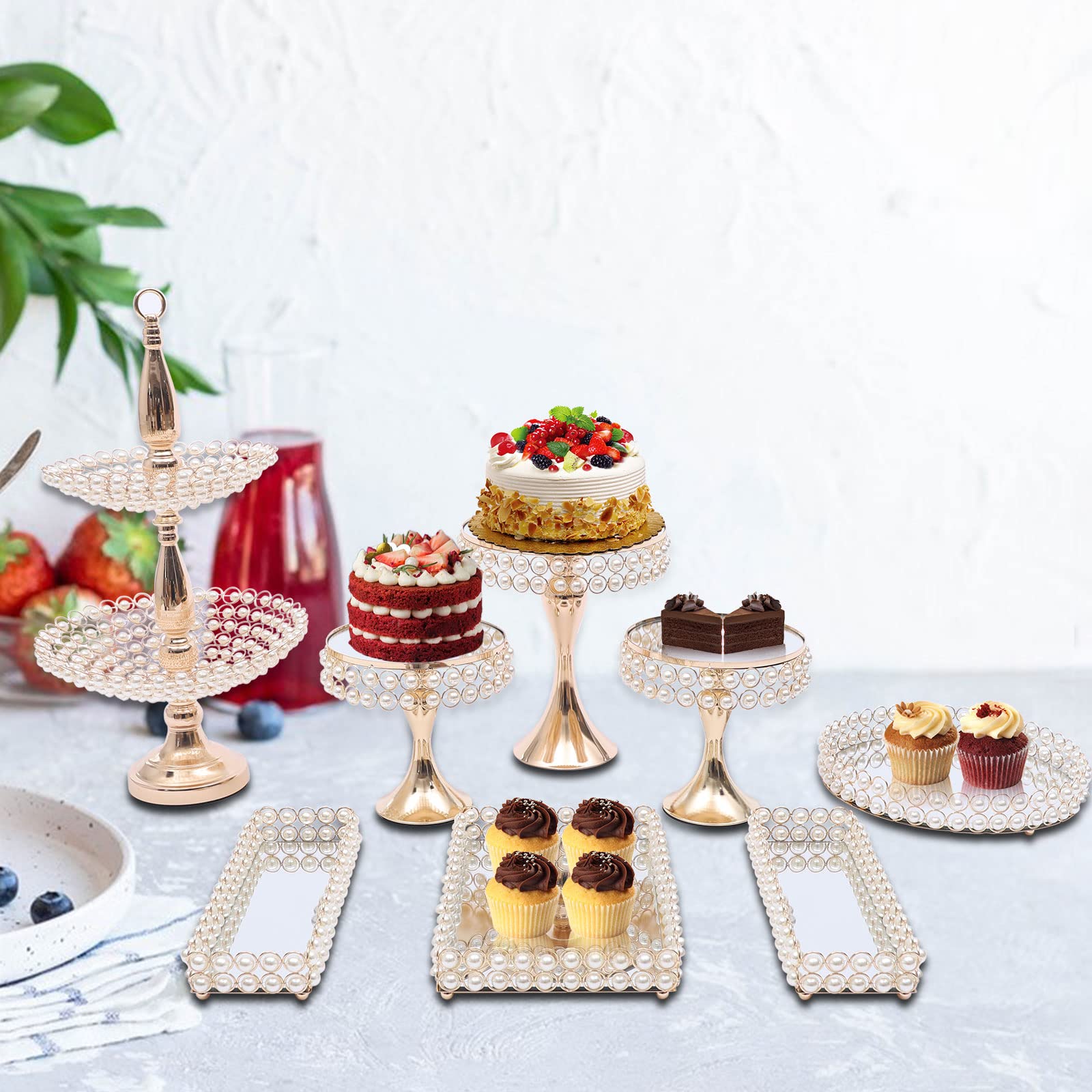Elegant French Gold Iron Cake Stand Set (8 PCS) - Perfect for Wedding Desserts, Afternoon Tea Parties & Special Occasions - Durable Decorative Serving Tray for Cakes, Pastries & Finger Foods