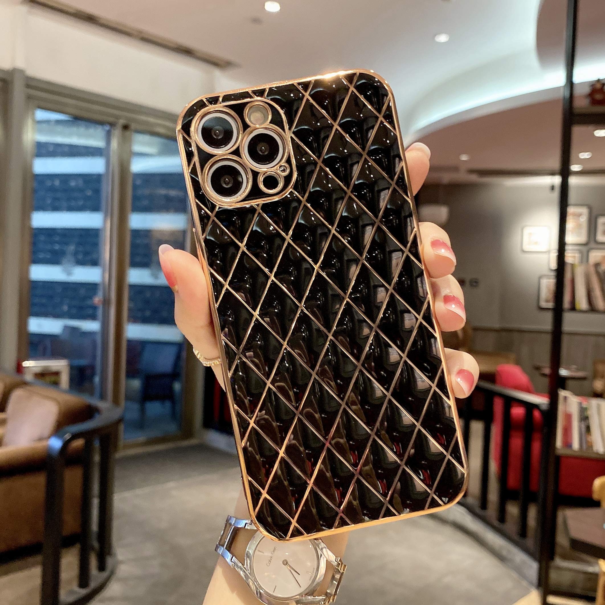 Elegant Electroplated Leather Case for iPhone 11 Pro Max - Slim Soft Lambskin Cover with Diamond Lattice Design, Non-Slip Grip Protective Phone Case for Women & Girls (Black) | Perfect for Daily Use, Office, and Special Occasions