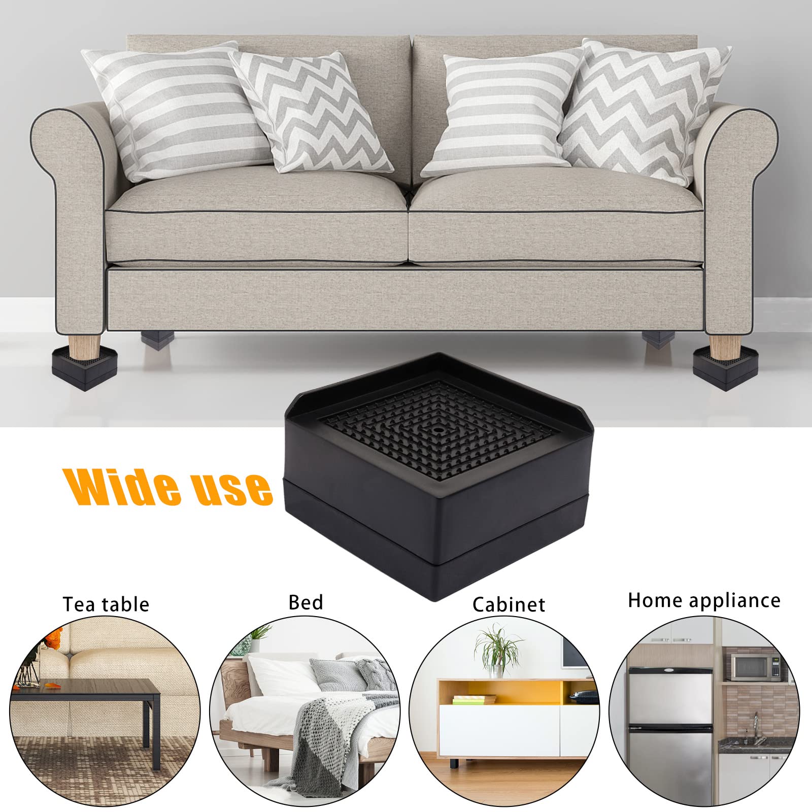 1.5 Inch Heavy Duty Adjustable Bed Risers for Furniture - Stackable Square Couch & Chair Lift Risers for Beds, Desks, Sofas (4 Pack, Black) - Perfect for Small Space Organization & Home Office Setup