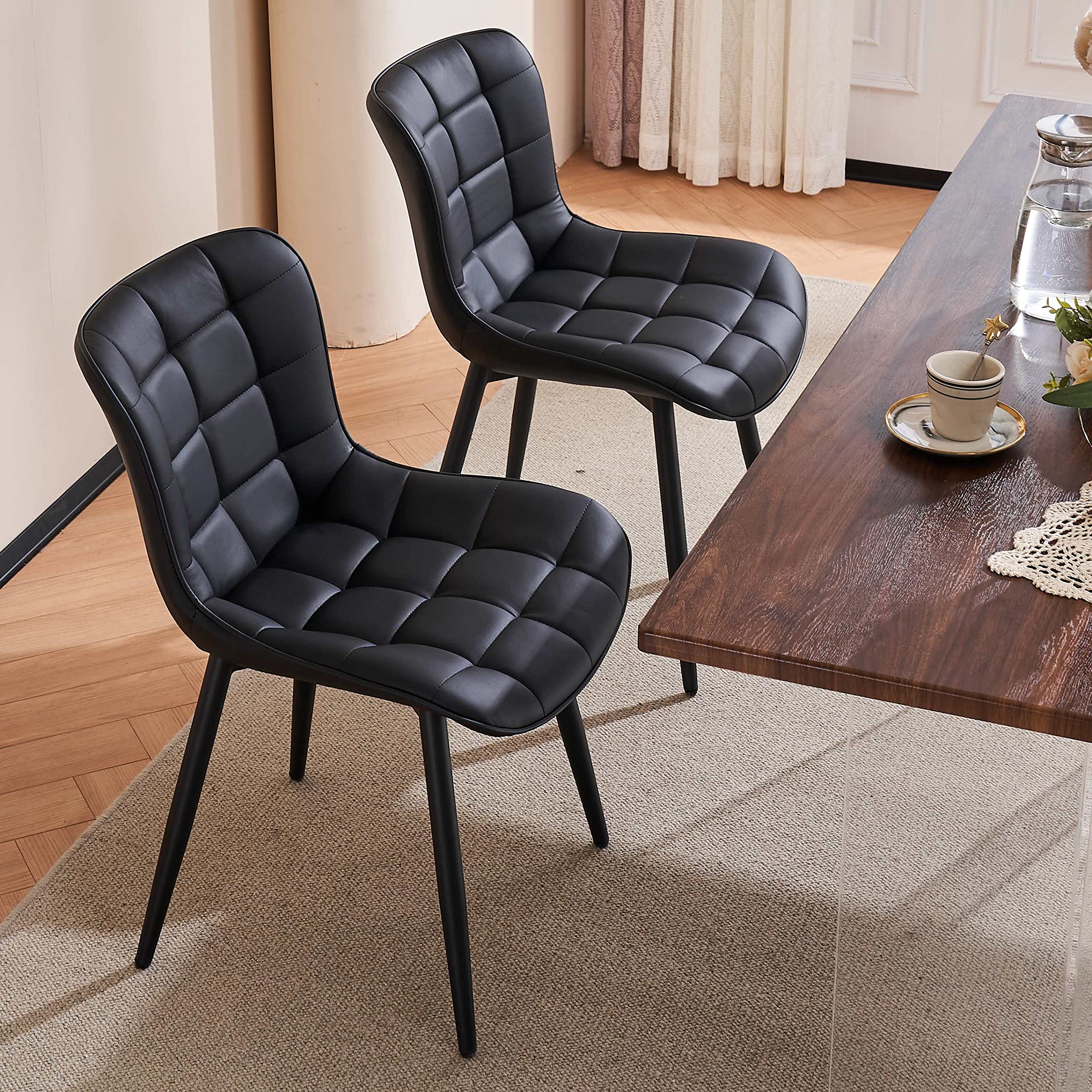 YOUTASTE Set of 2 Black Faux Leather Dining Chairs - Mid Century Modern Upholstered Armless Kitchen & Dining Room Chairs - Perfect for Home, Restaurant, and Office Use