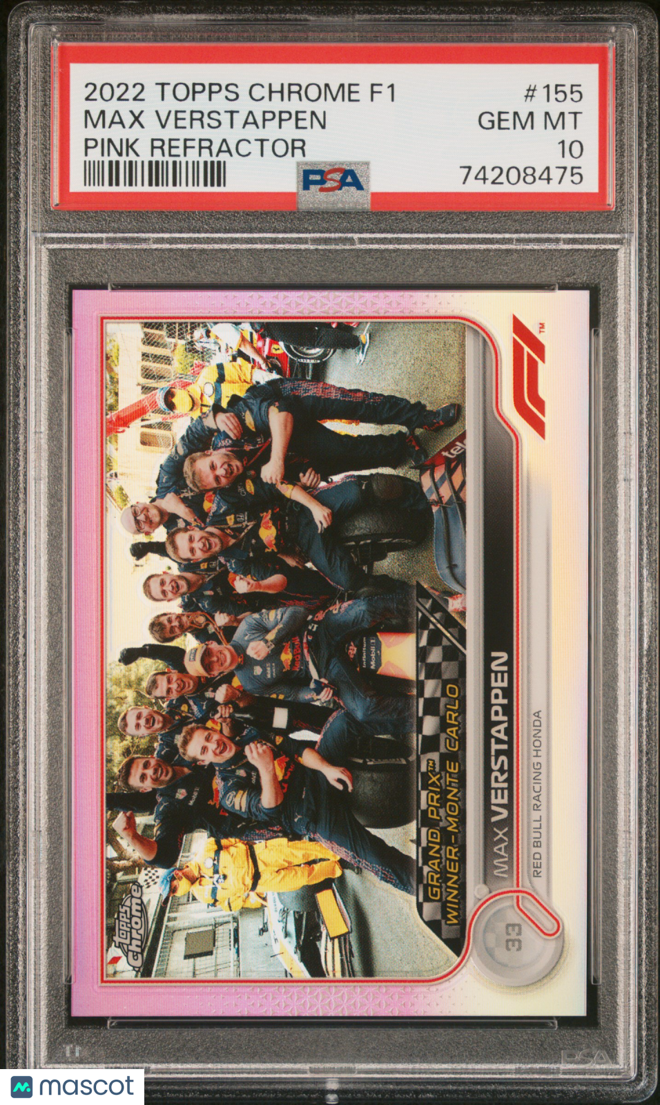 2022 Topps Chrome Formula 1 Max Verstappen Pink Refractor 04/75 #155 PSA 10 - Rare Collectible Racing Card for F1 Fans & Sports Memorabilia Collectors - Perfect for Display, Trading, and Investment