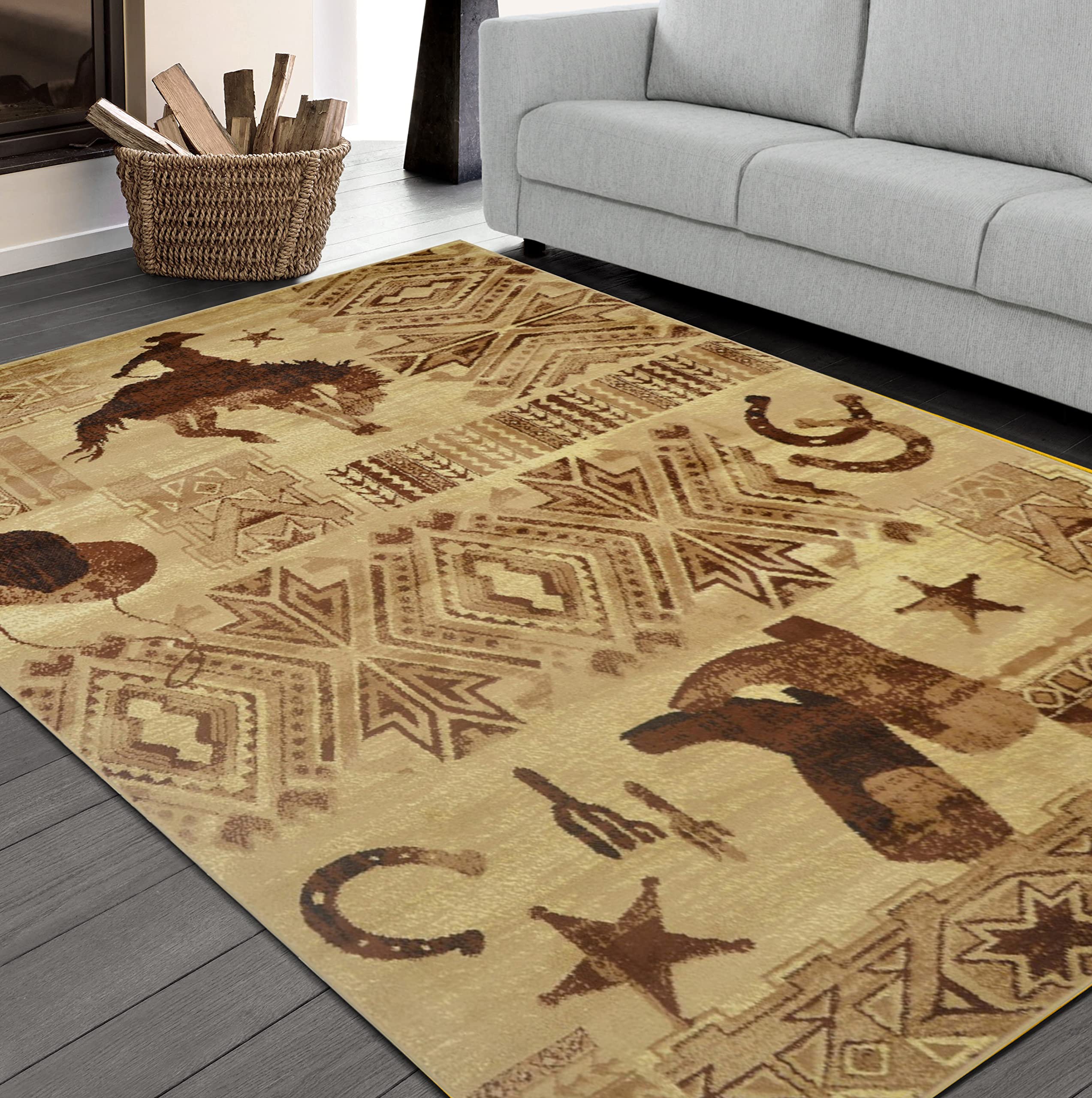 Vintage Native American Tribal Log Cabin Area Rug 8x10 - Rustic Cowboy Texas Star Theme Carpet for Living Room, Cabin & Home Decor | 7.5' x 10.5' | Perfect for Western Style Homes, Ranch Houses & Lodge Decor