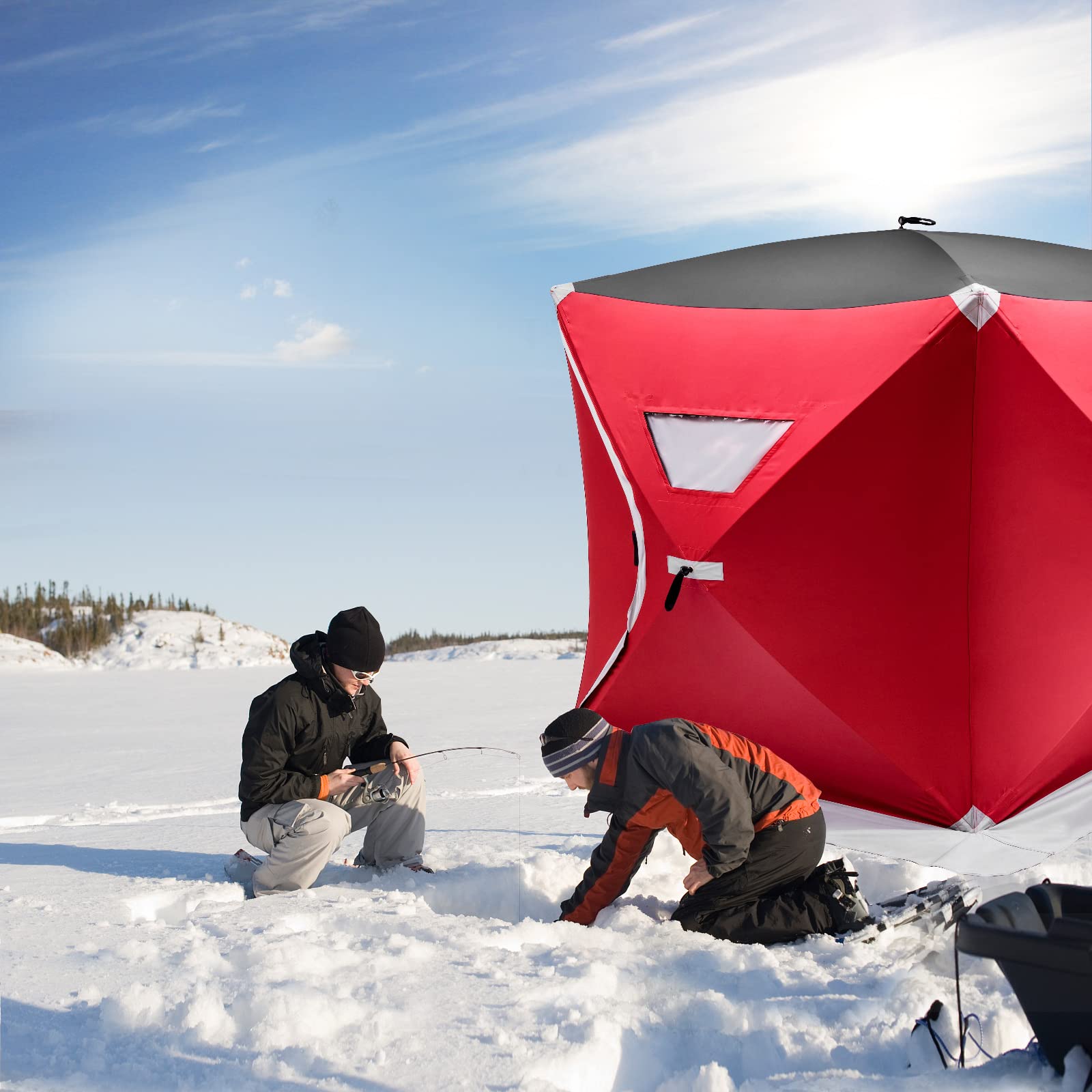 GYMAX Pop-Up Ice Fishing Shelter - Waterproof & Windproof Portable Ice Tent with Carrying Bag, Zippered Door & Ice Anchors - Perfect for Winter Fishing, Hunting & Outdoor Camping Adventures