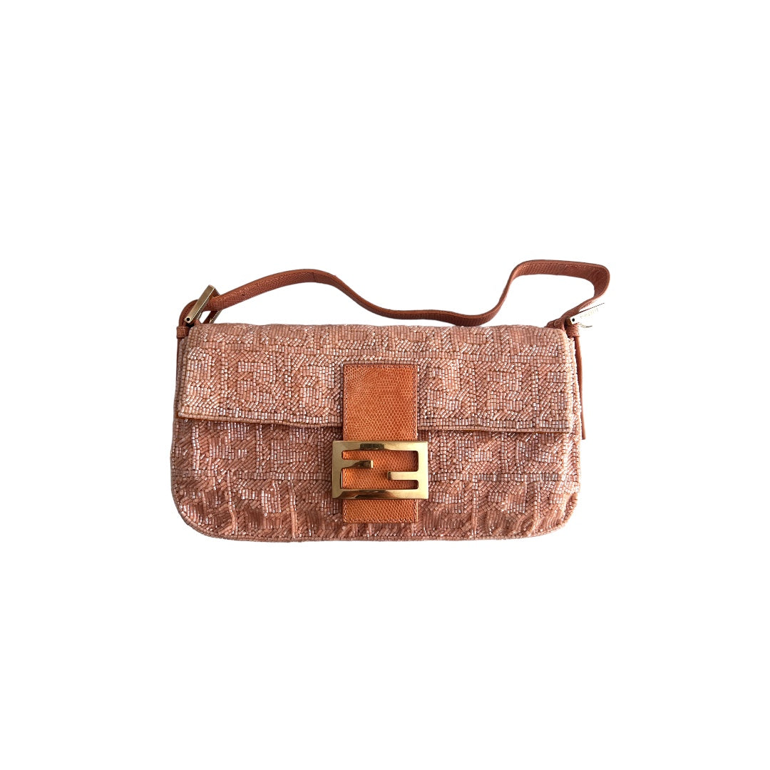 Fendi FF Beaded Baguette Bag - Peach Color Lizard Skin Trim, Luxury Designer Handbag for Women | Perfect for Evening Parties, Weddings & Special Occasions